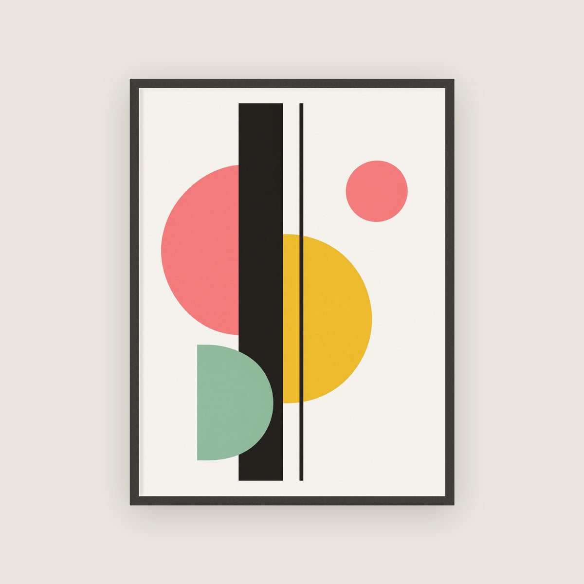 Affiche abstraite colorée encadrée en noir, cercles rose et jaune coupés par une barre noire