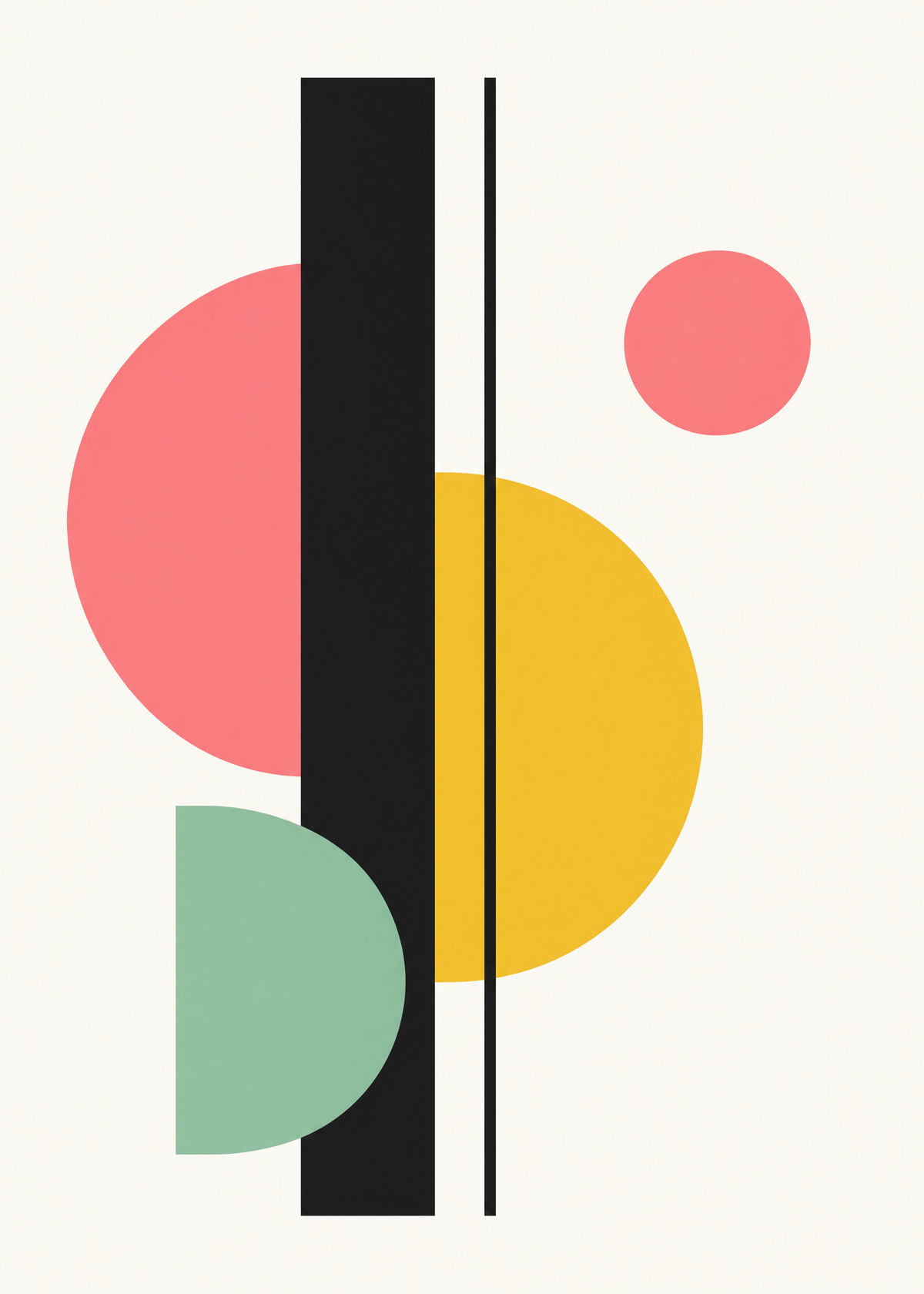 Affiche abstraite Bauhaus, cercles rose et jaune, demi-cercle vert sauge et barre noire verticale