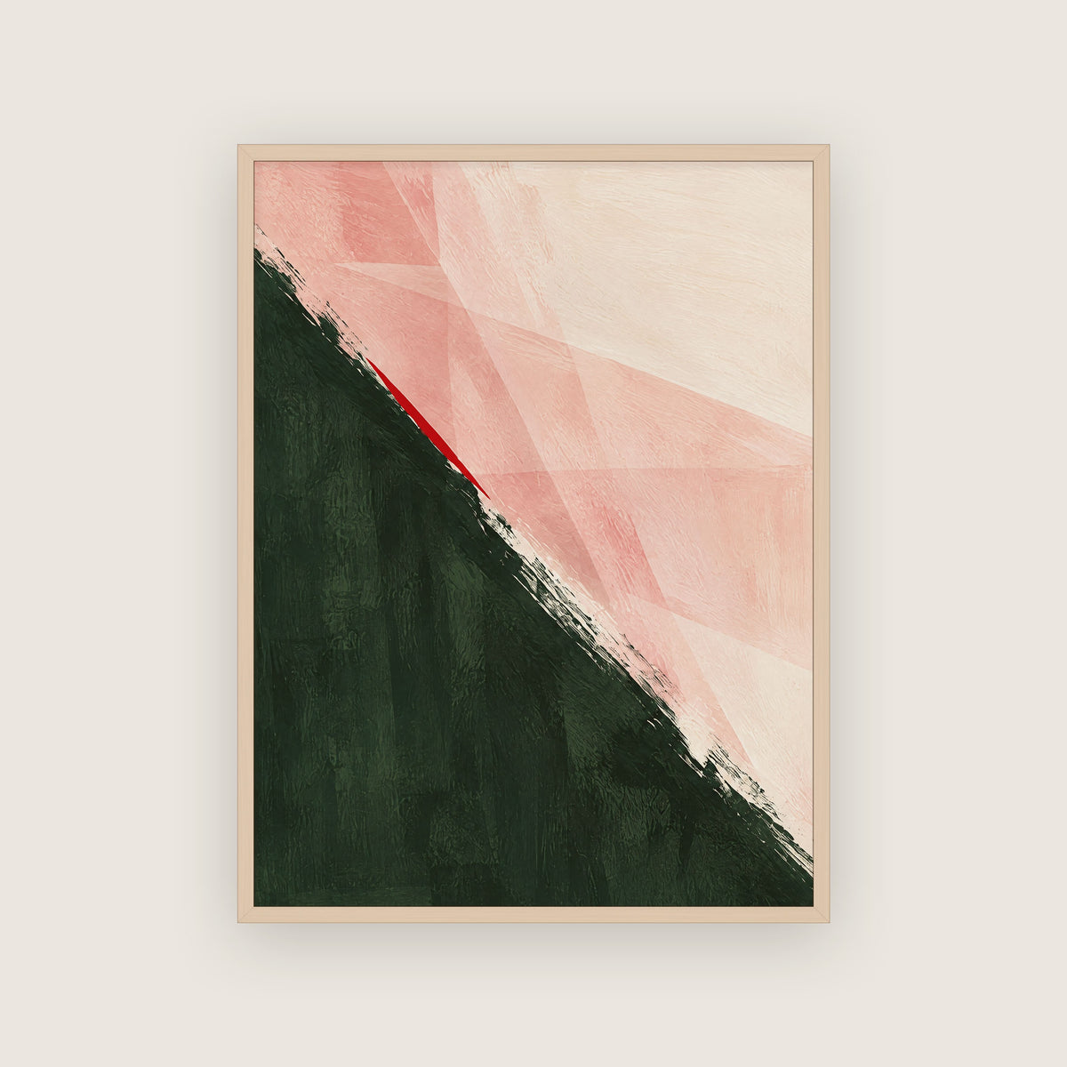 Affiche abstraite peinte dans un cadre en chêne clair, vert profond en diagonale et voiles roses