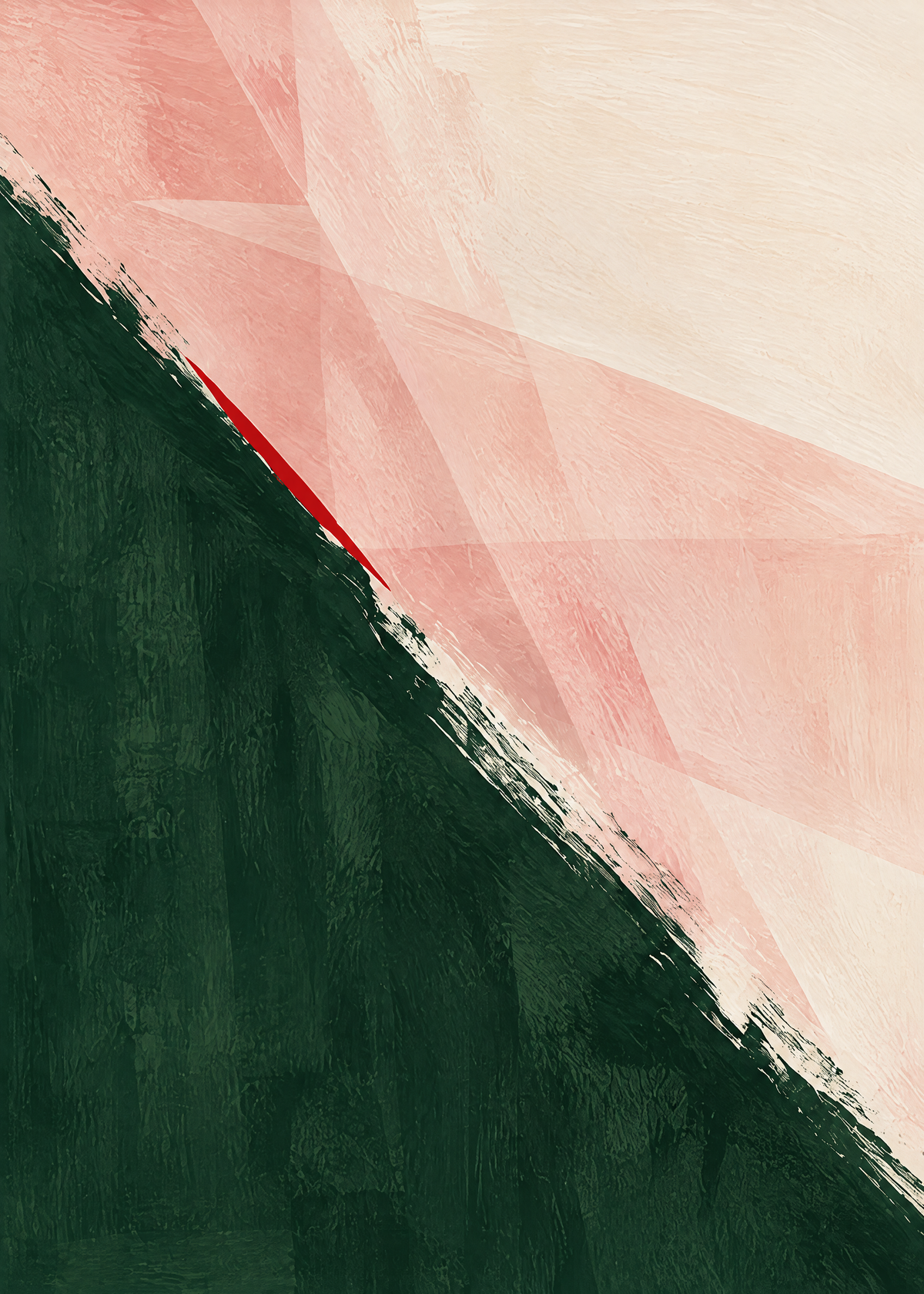 Affiche abstraite peinte, grande diagonale vert forêt face à des voiles rose poudré et un trait rouge