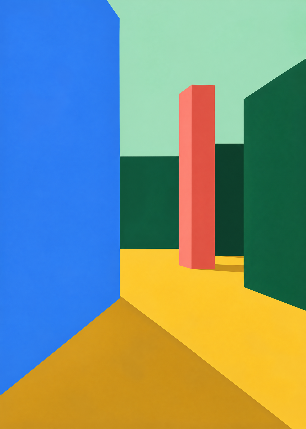 Affiche architecture colorée, murs bleu vif et vert sapin, sol jaune et colonne corail sous un ciel menthe