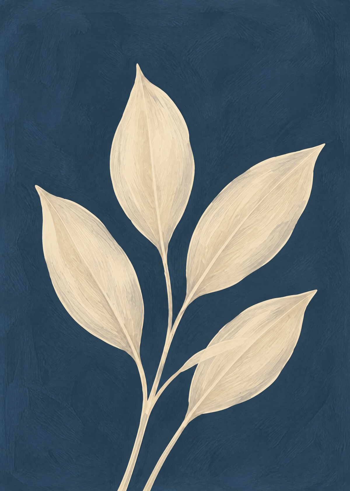Affiche botanique, quatre grandes feuilles crème sur un fond bleu nuit peint, comme une empreinte ancienne