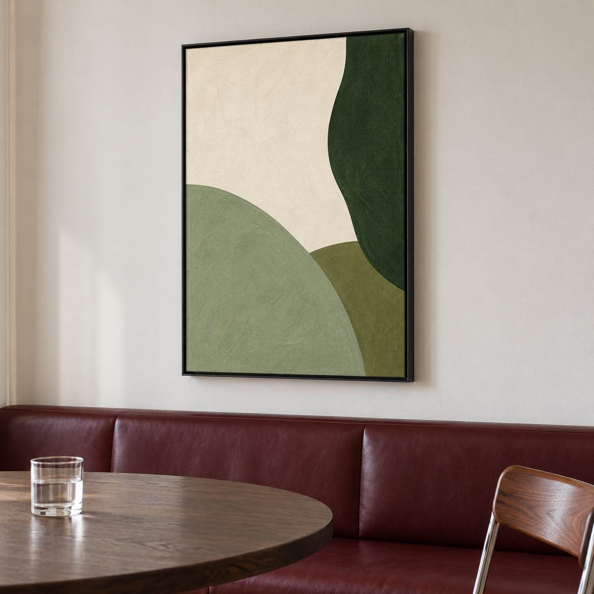 Abstrait vert et crème en cadre noir dans une salle à manger, au-dessus d'une banquette en cuir bordeaux