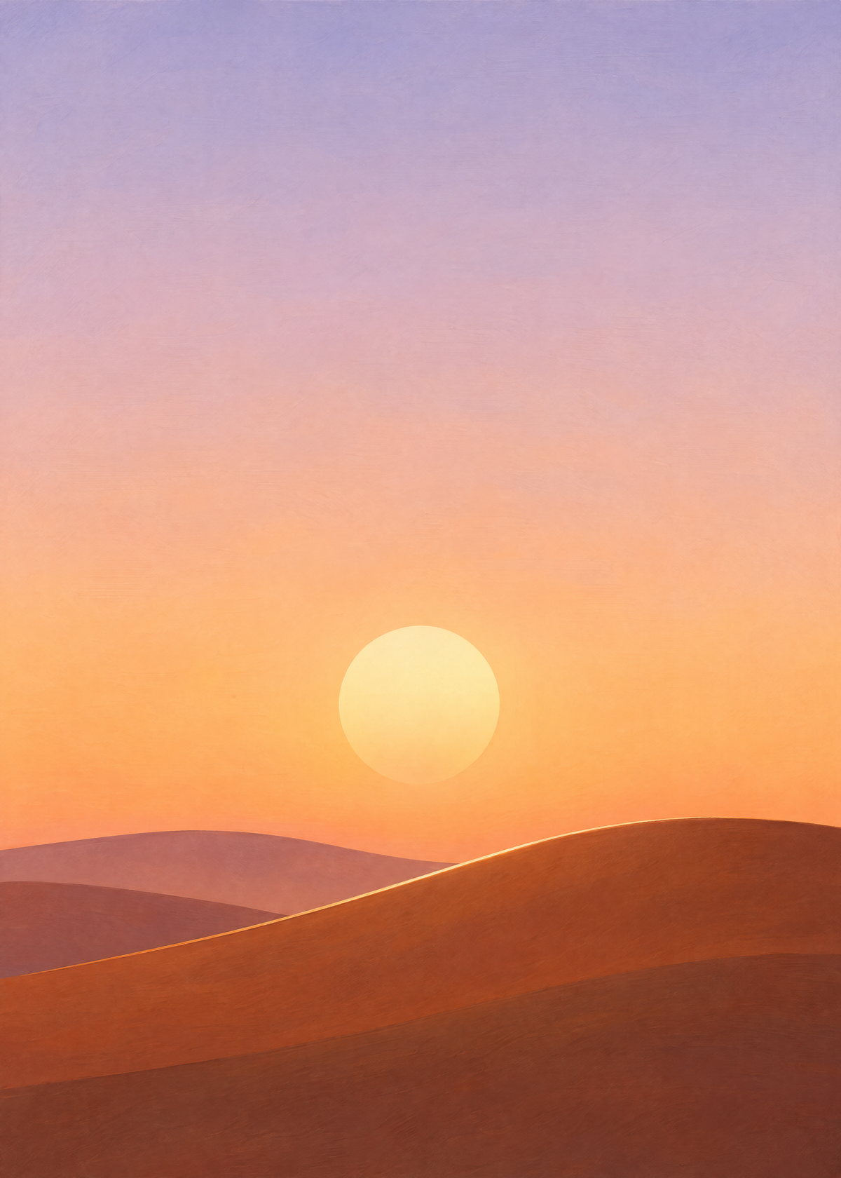Affiche coucher de soleil sur des dunes cuivrées, grand soleil pâle et ciel dégradé du lavande à l'orange