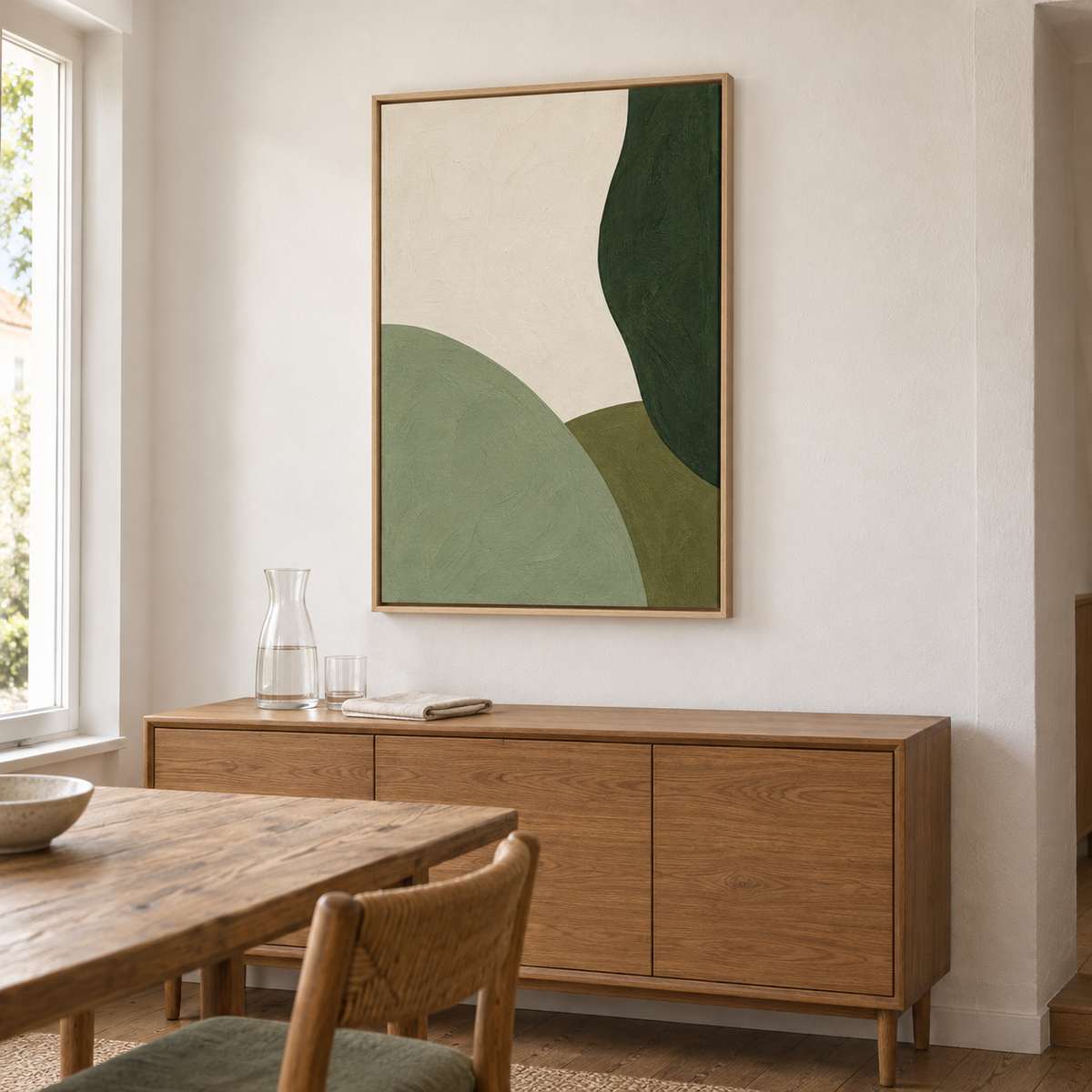 Tableau abstrait vert sauge encadré en chêne clair au-dessus d'un buffet en bois, près d'une table de repas