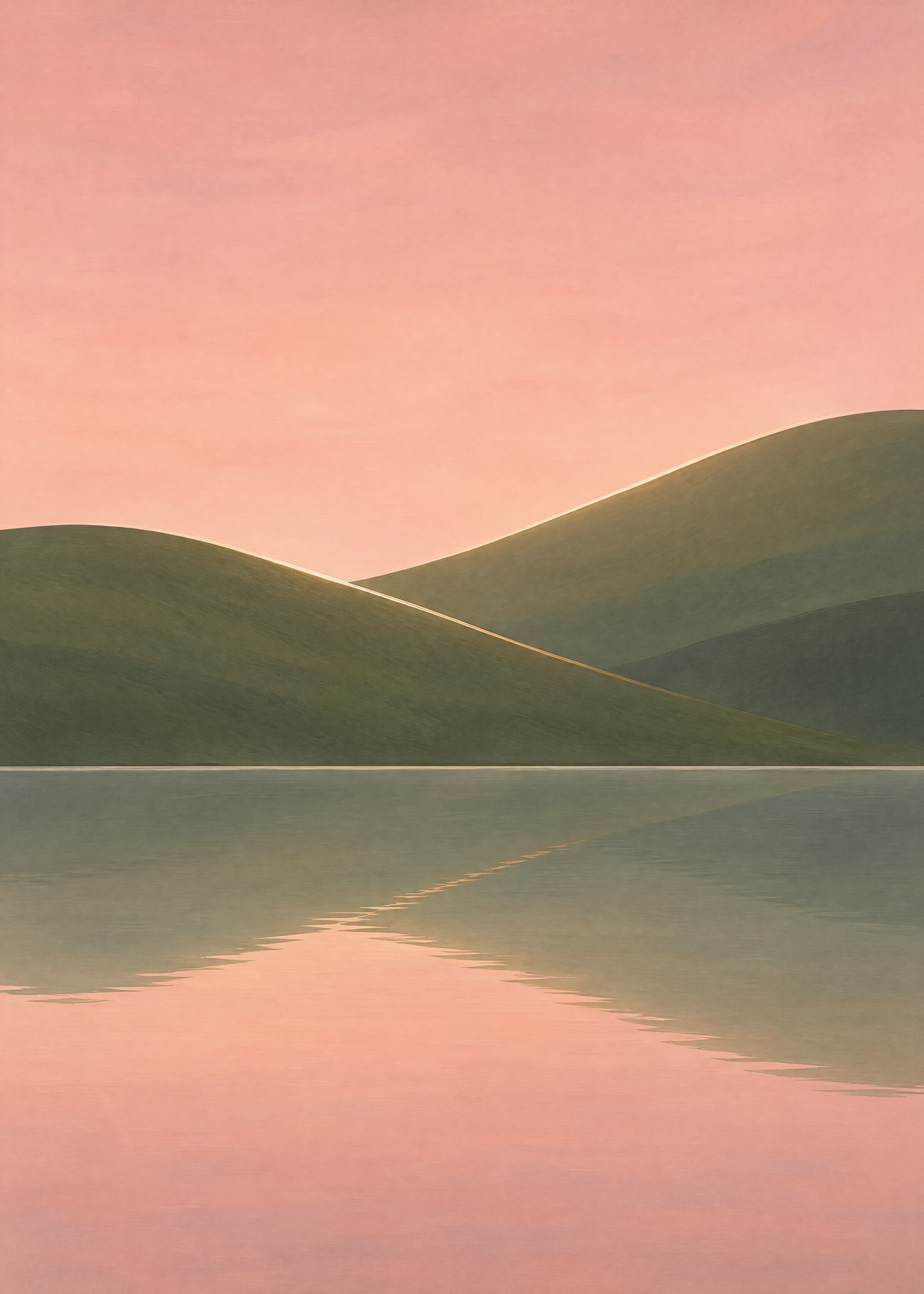 Affiche paysage, collines vert olive reflétées dans un lac calme sous un ciel rose au coucher du soleil