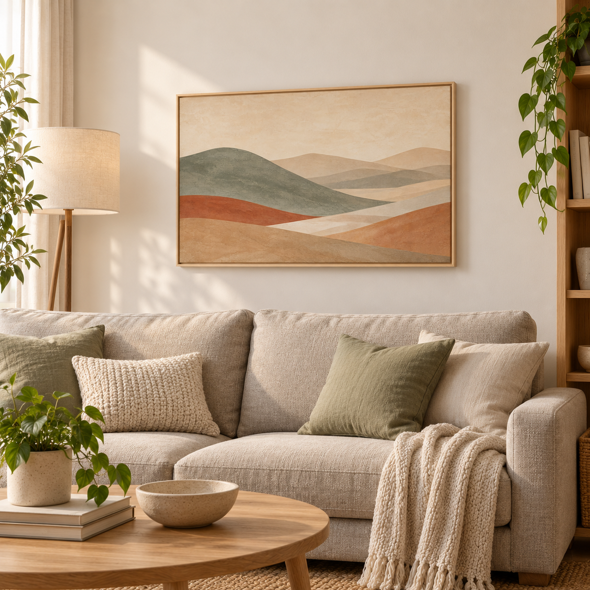 Tableau pour salon moderne en cadre chêne clair, collines terracotta et sauge au-dessus d'un canapé beige