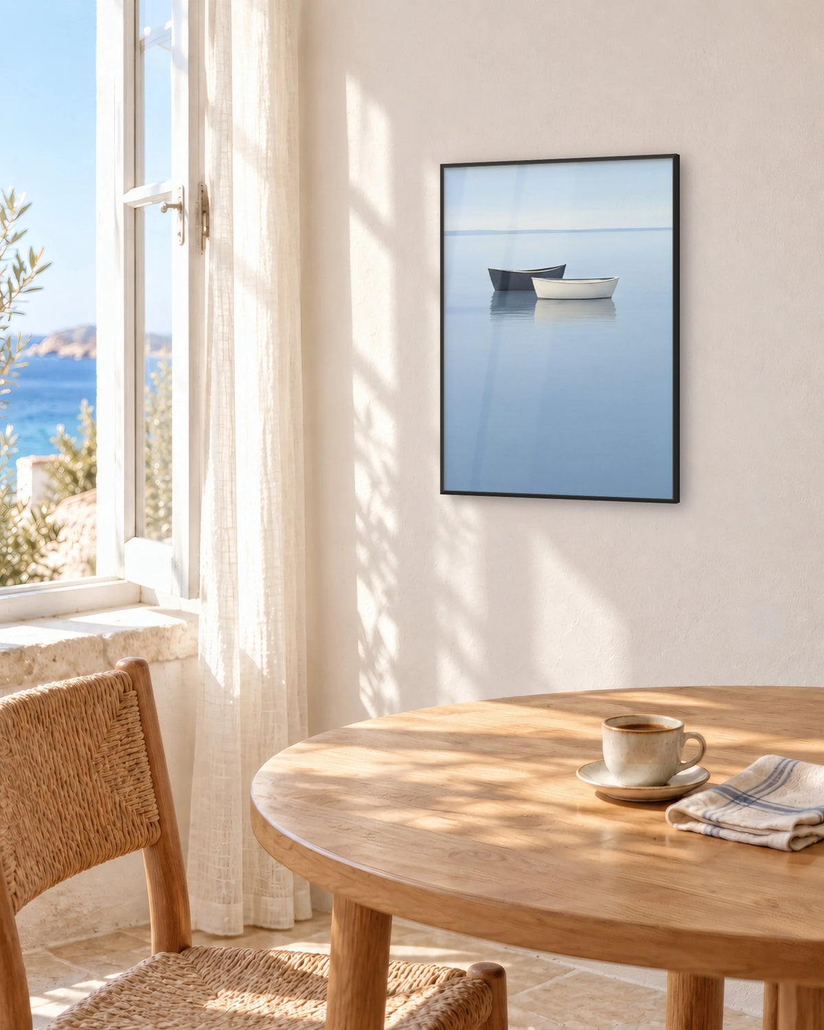 Affiche salle à manger bord de mer en cadre noir au-dessus d'une table en chêne, fenêtre sur la mer