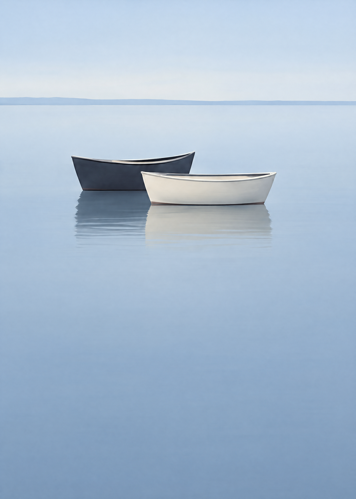 Affiche bord de mer minimaliste, deux barques ardoise et blanche sur une eau calme bleu pâle