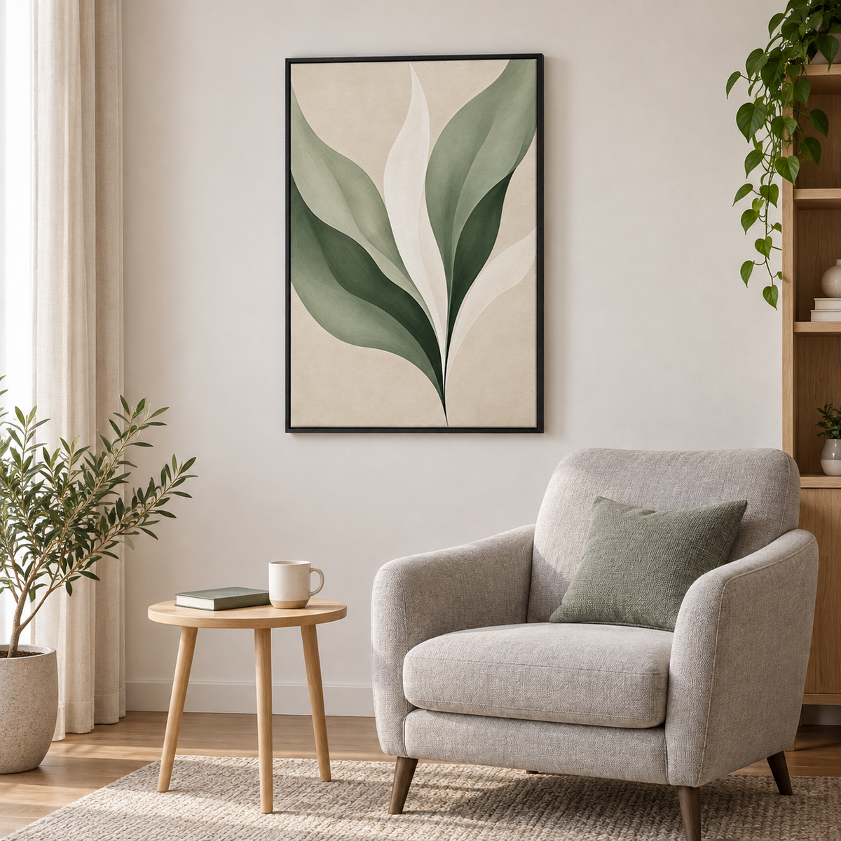 Tableau pour salon moderne en cadre noir, feuillage vert sauge accroché au-dessus d'un fauteuil gris chiné