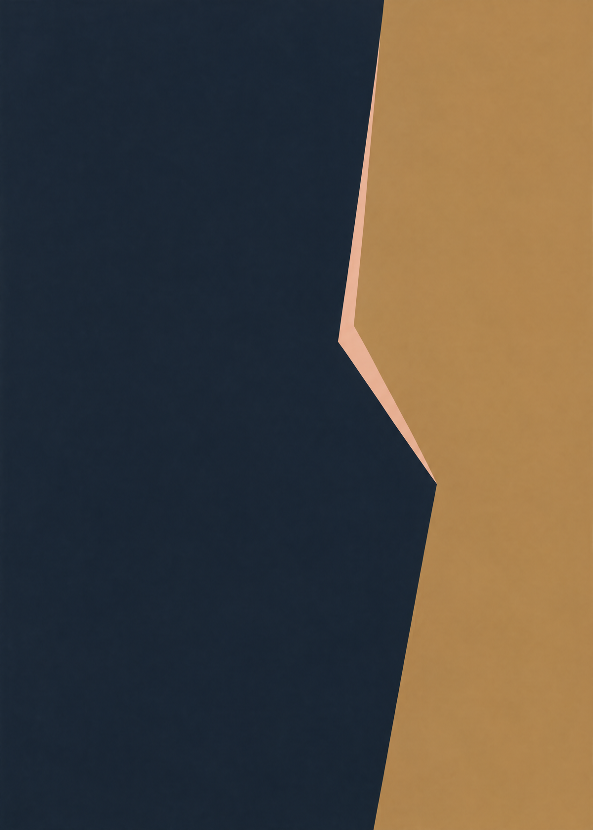 Affiche abstraite minimaliste, aplats bleu nuit et ocre séparés par une ligne brisée rose pêche