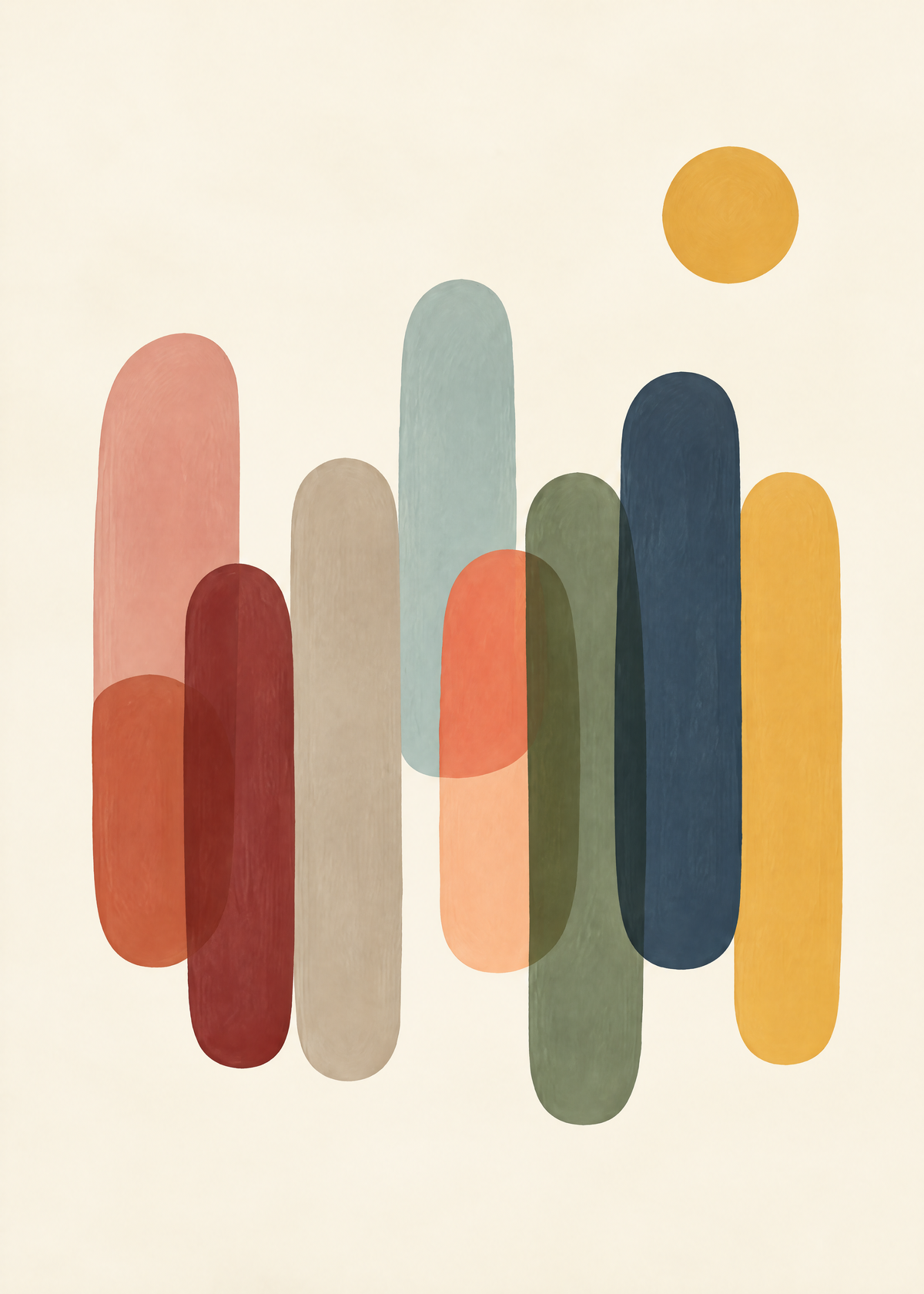 Affiche abstraite, bâtonnets colorés qui se chevauchent, bordeaux, sauge, bleu nuit, et un soleil moutarde