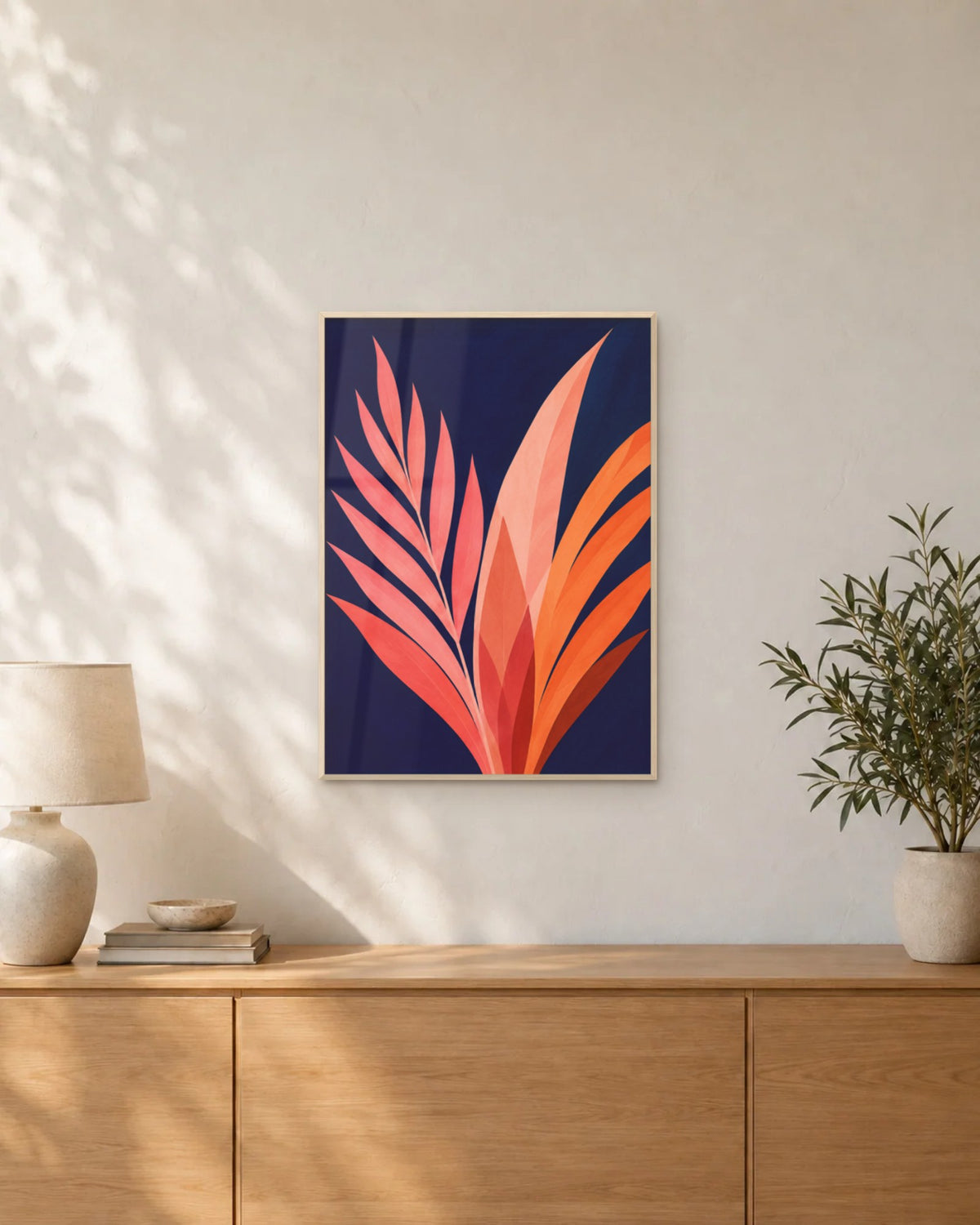 Brasa – Affiche feuillage corail et bleu nuit