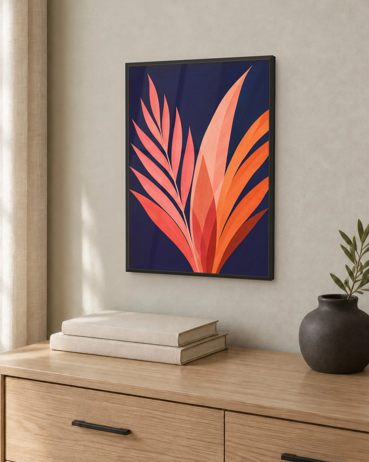 Brasa – Affiche feuillage corail et bleu nuit