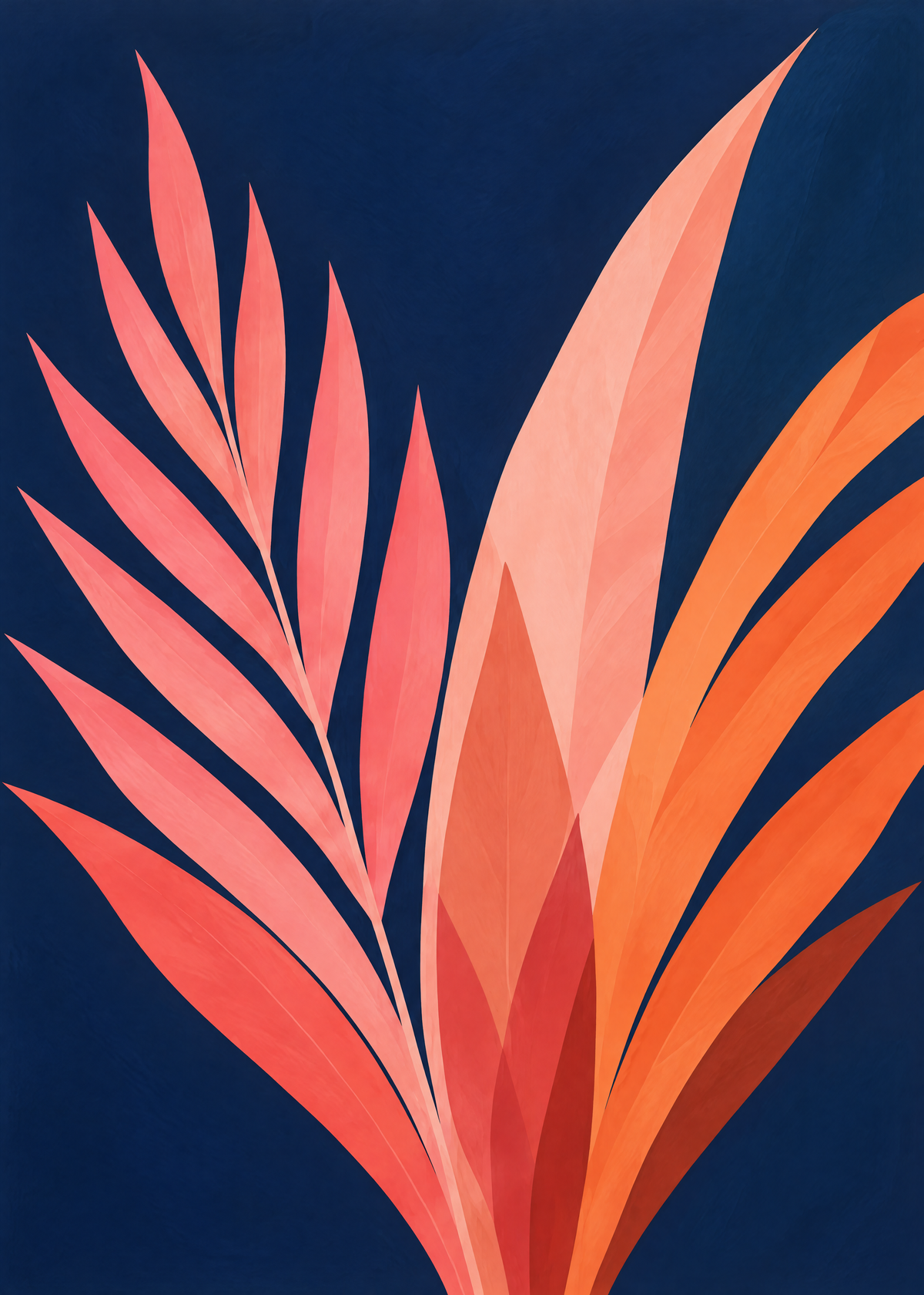 Affiche botanique graphique, longues feuilles corail, rose et orange en éventail sur un fond bleu nuit