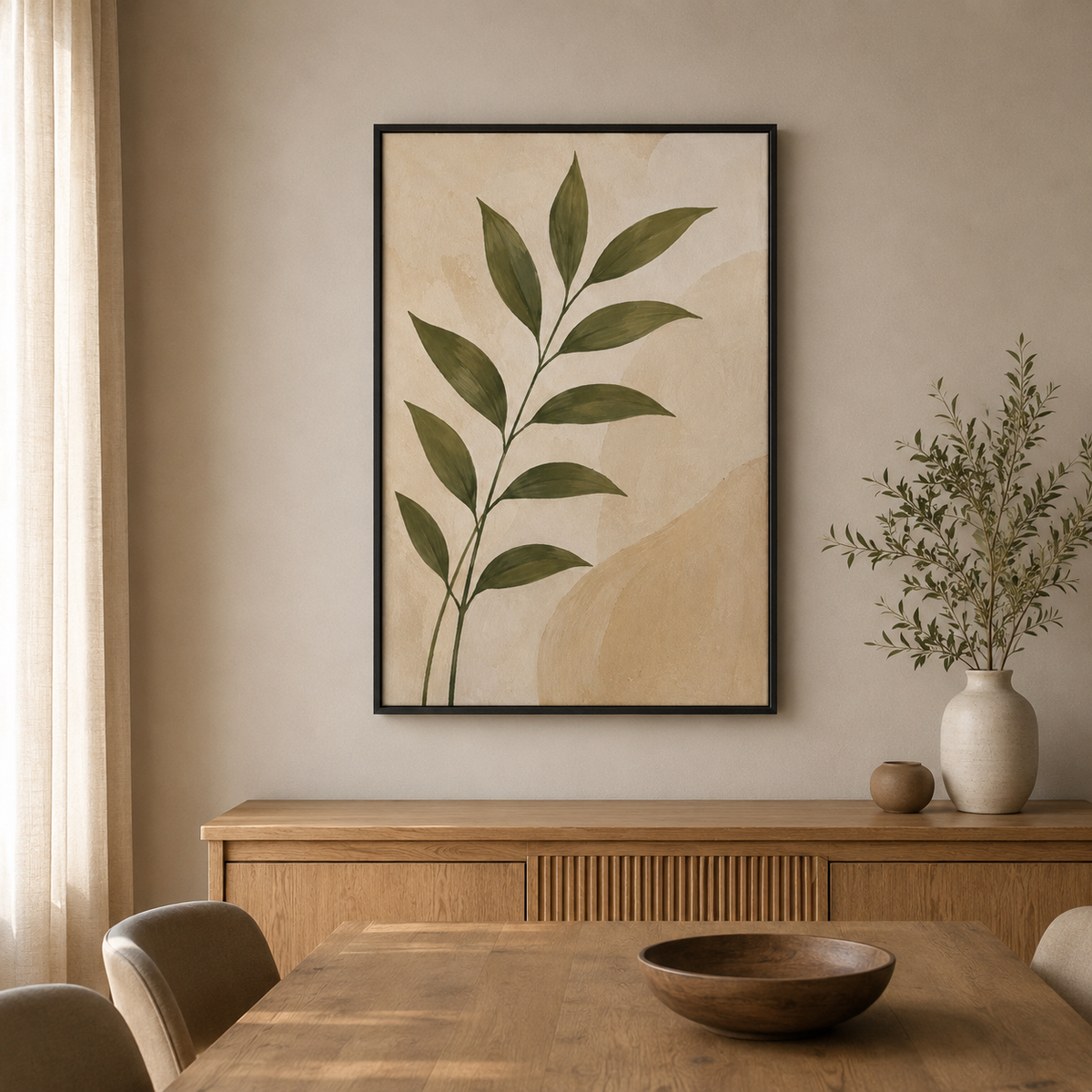 Feuillage sur sable – Tableau botanique beige et vert