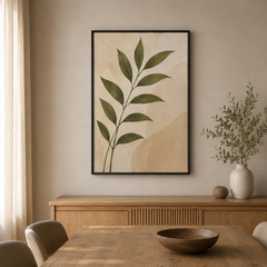 Feuillage sur sable – Tableau botanique beige et vert