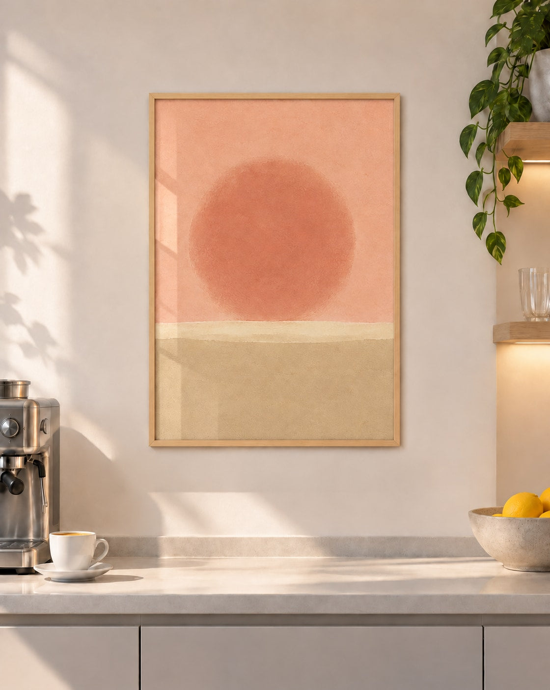 Affiche cuisine soleil terracotta sur horizon sable, cadre en bois naturel au-dessus d’un plan de travail et d’une machine à café