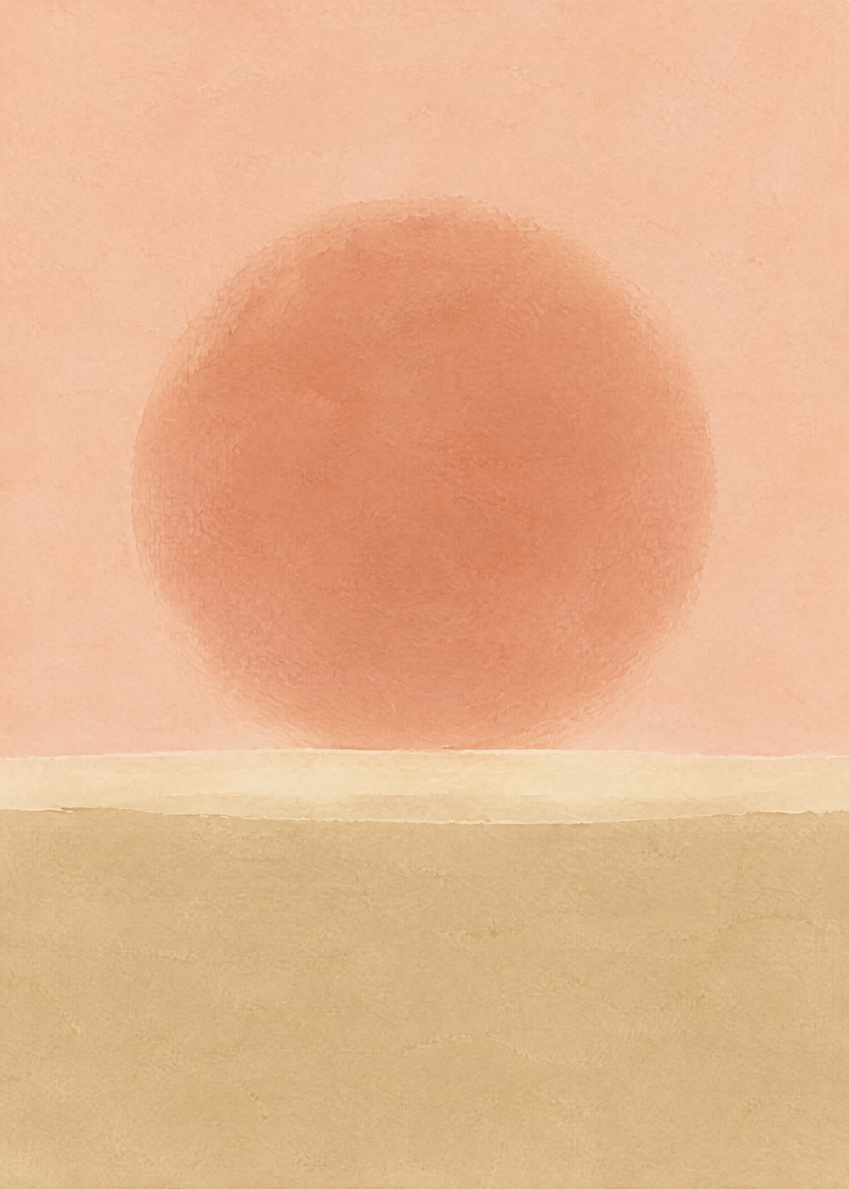 Affiche minimaliste, soleil terracotta voilé posé sur un horizon sable, ciel rose pêche au rendu peint