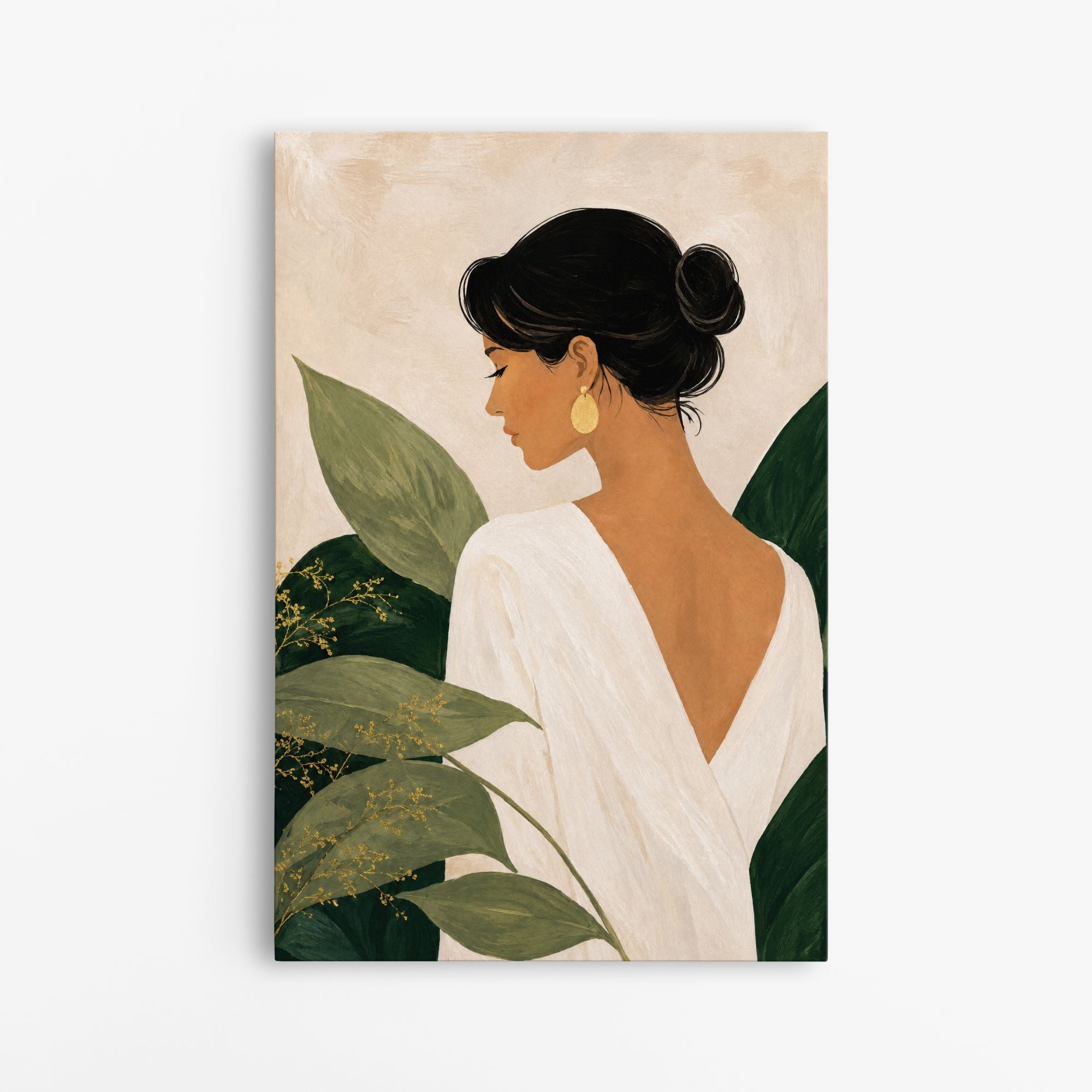 Dans une pensée – Tableau femme et feuilles vertes