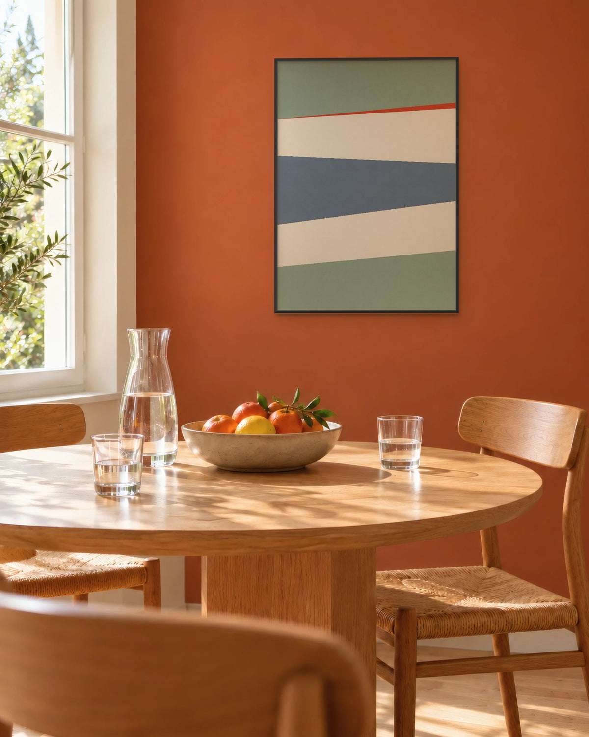 Affiche salle à manger à bandes bleues encadrée en noir sur un mur terracotta, près d'une table