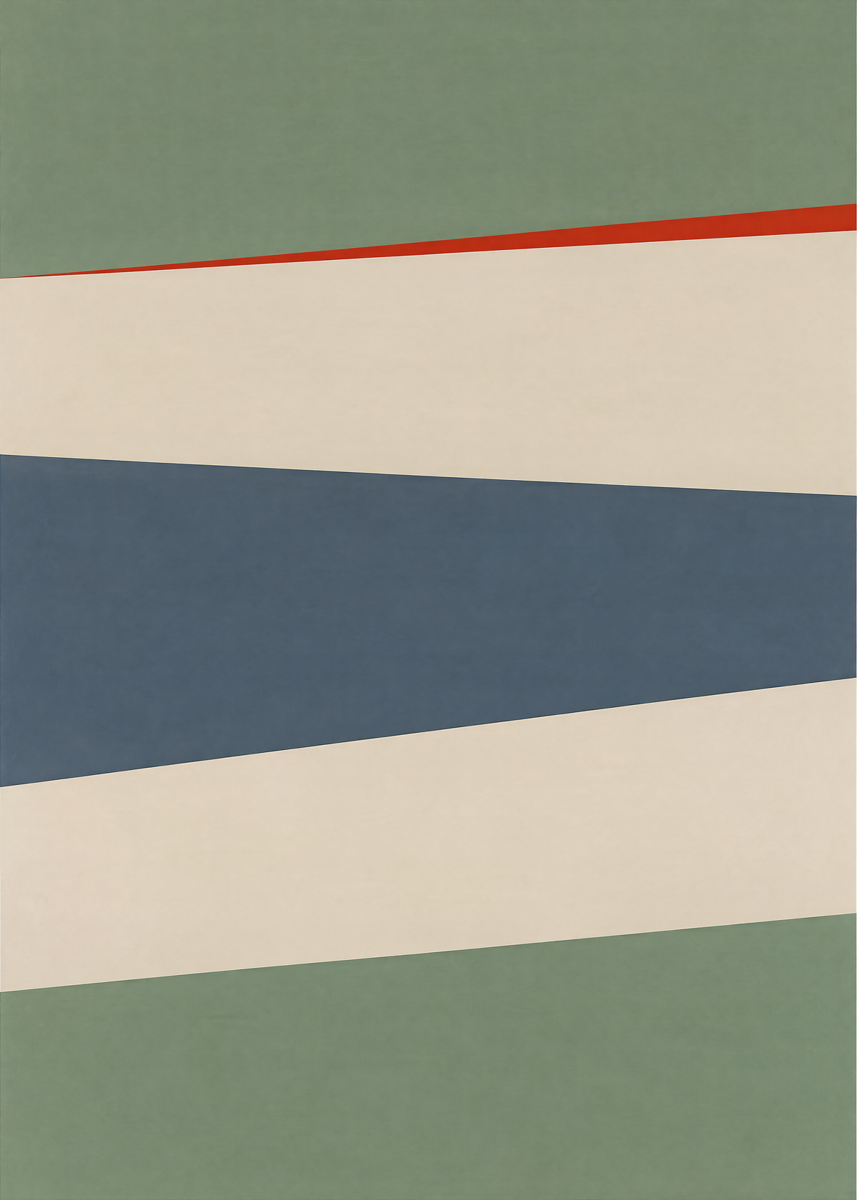 Affiche minimaliste à larges bandes obliques vert sauge, crème et bleu ardoise, fin liseré rouge