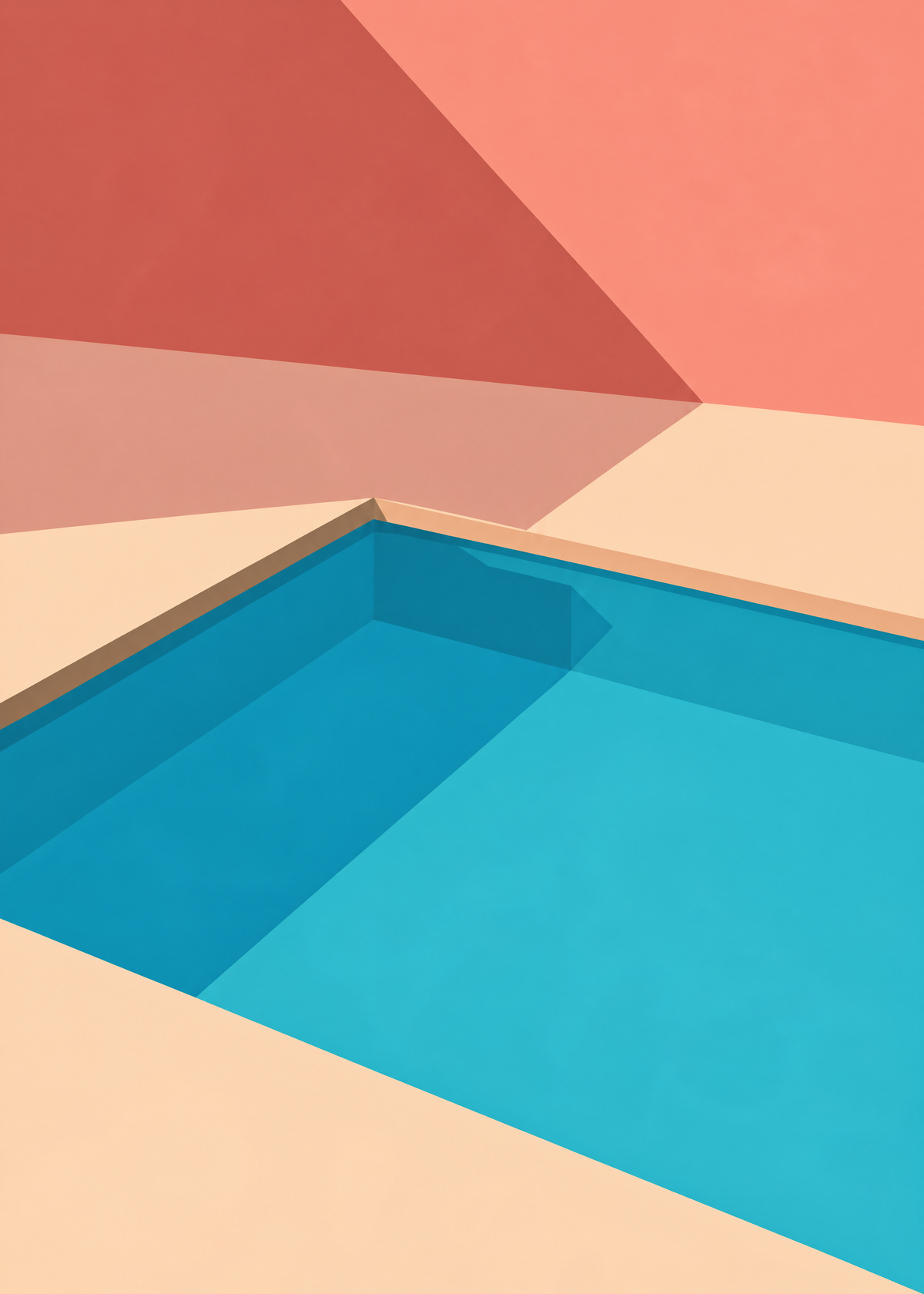 Affiche minimaliste, piscine à l'eau turquoise bordée de pierre sable, murs corail et rose saumon