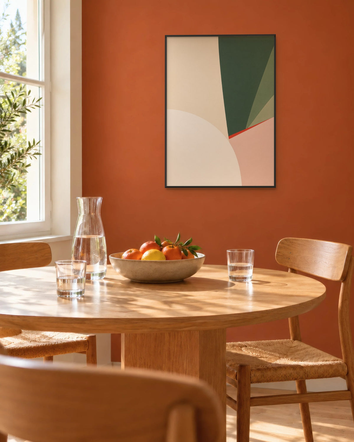 Affiche pour séjour géométrique verte encadrée en noir sur un mur terracotta, au-dessus d'une table