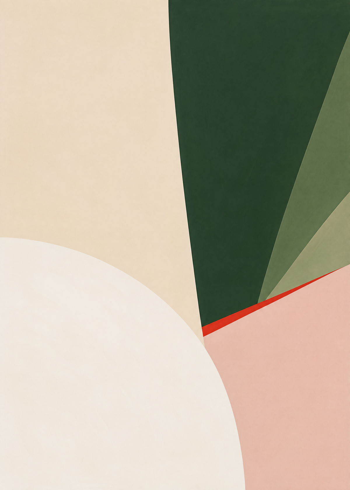 Affiche géométrique, grand arc ivoire, éventail vert forêt et olive, pan rose et fin trait rouge
