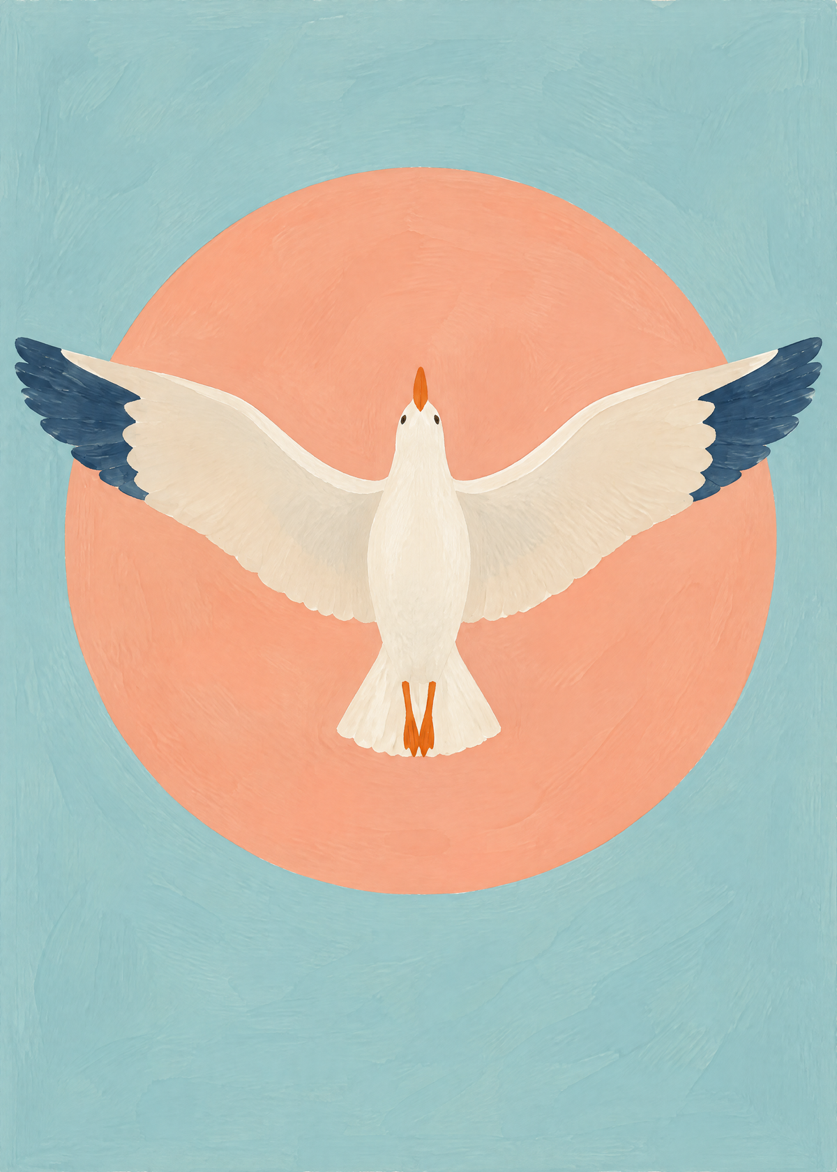 Affiche mouette vue de dessous, ailes ouvertes devant un grand soleil rose pêche sur un ciel bleu tendre