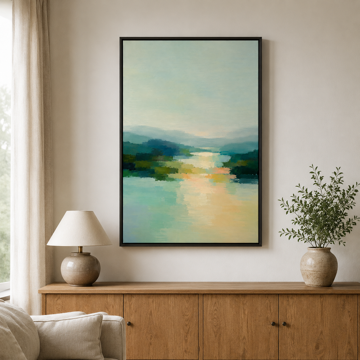 Matin calme – Tableau paysage abstrait bleu et vert