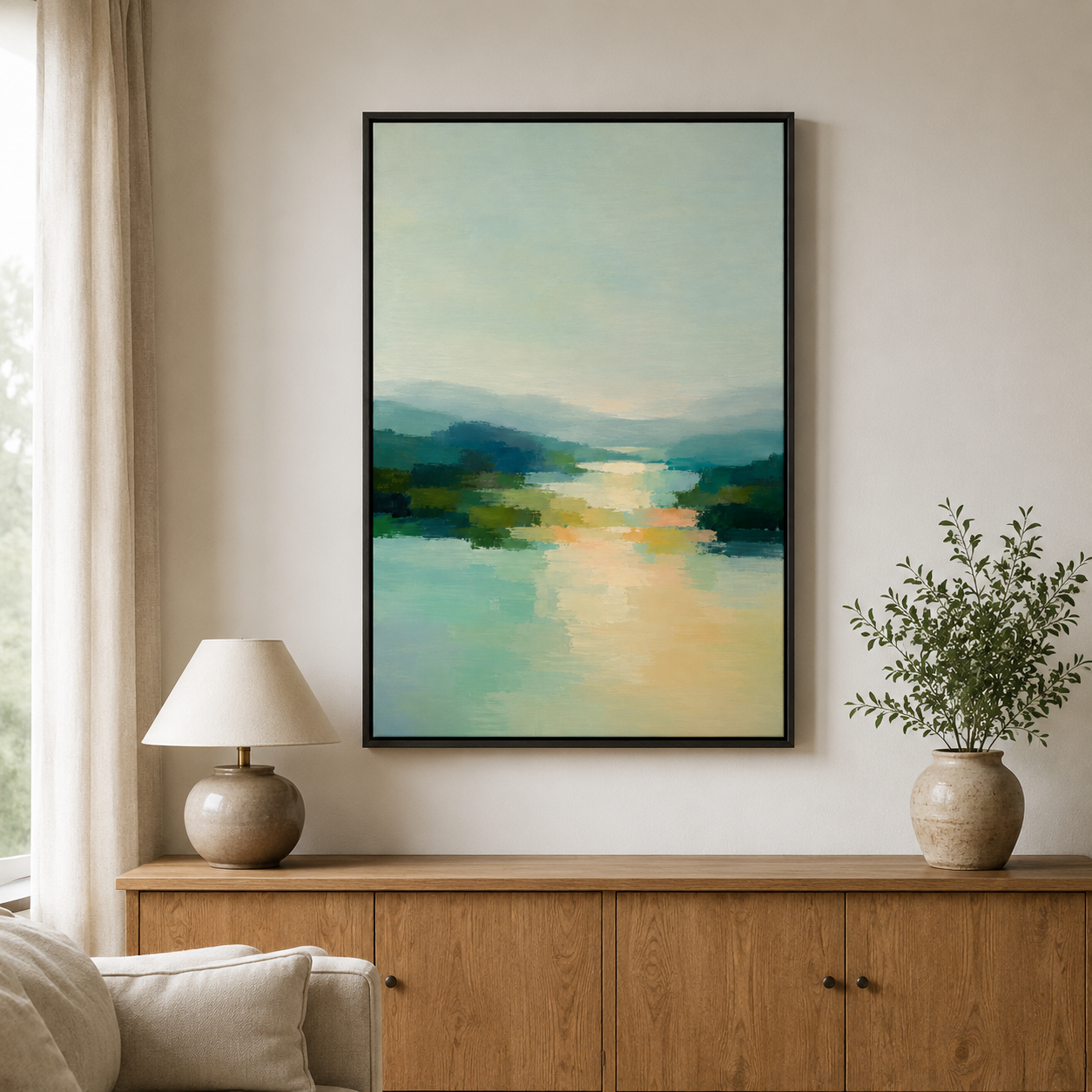 Tableau paysage abstrait bleu pâle et vert profond, mise en ambiance déco