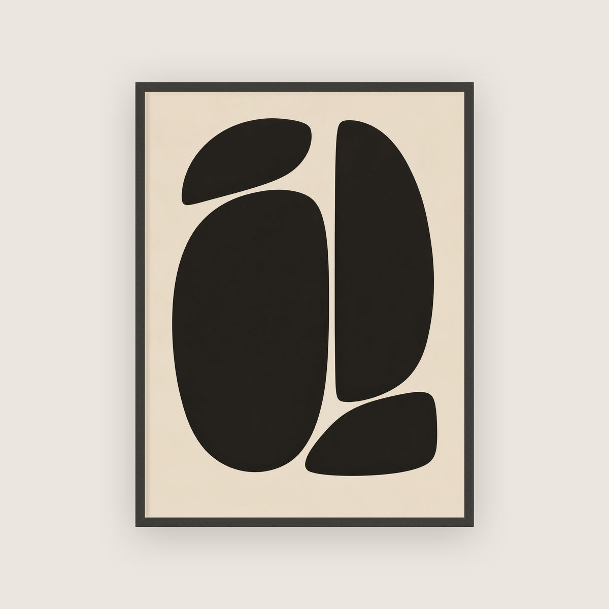 Affiche abstraite noir et crème encadrée en noir, formes noires arrondies emboîtées
