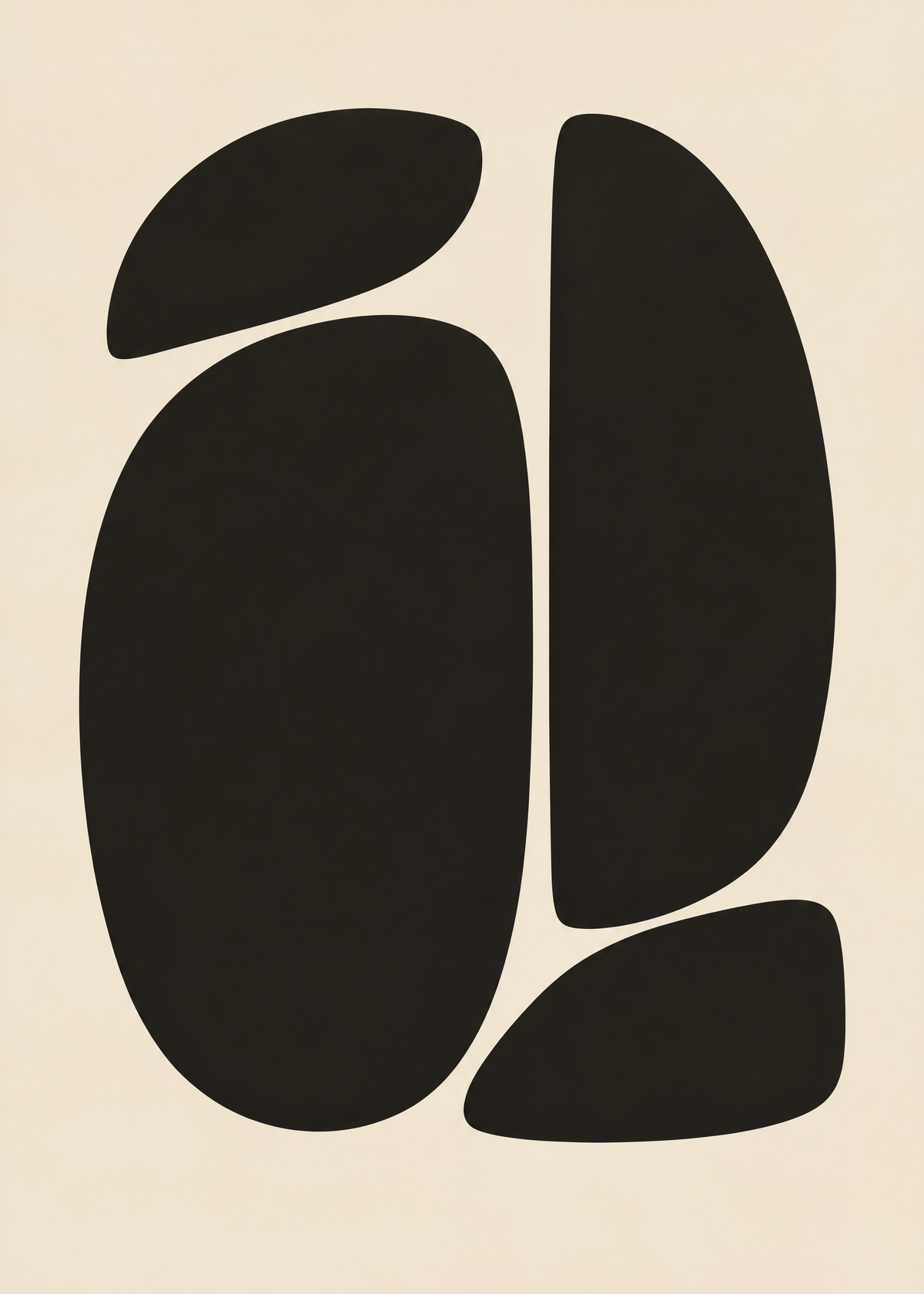 Affiche abstraite, quatre grandes formes noires arrondies qui s'emboîtent comme des galets sur fond crème