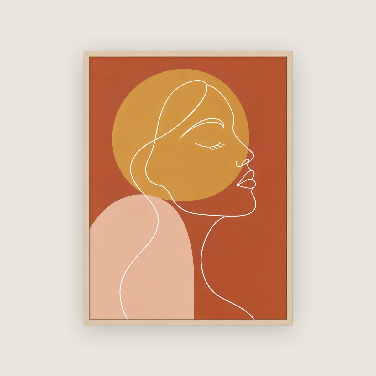 Affiche femme d'un seul trait dans un cadre en chêne clair, yeux fermés, tons ocre, rose et rouille