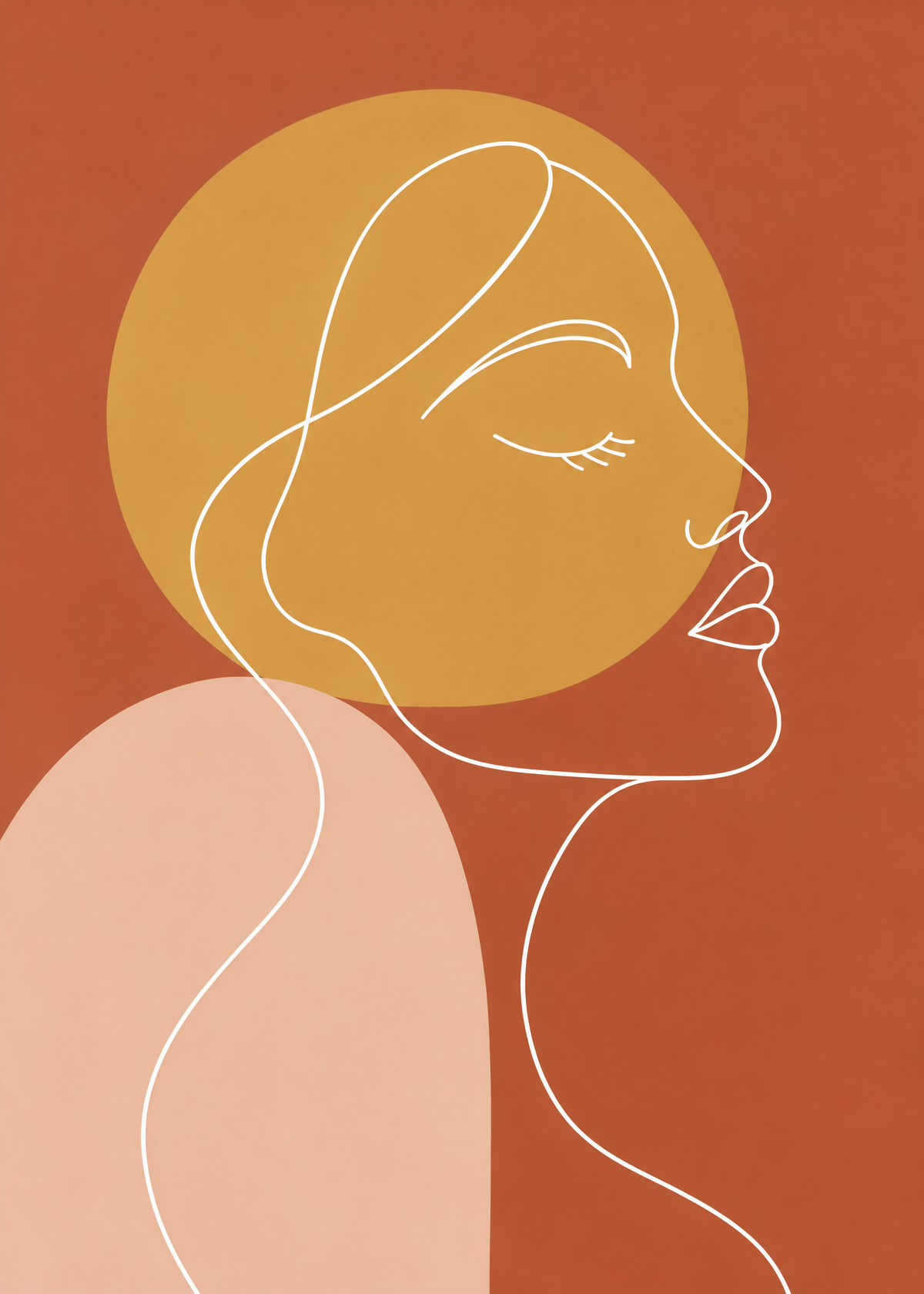 Affiche line art, visage de femme d'un trait blanc, yeux fermés, devant un soleil ocre et une forme rose