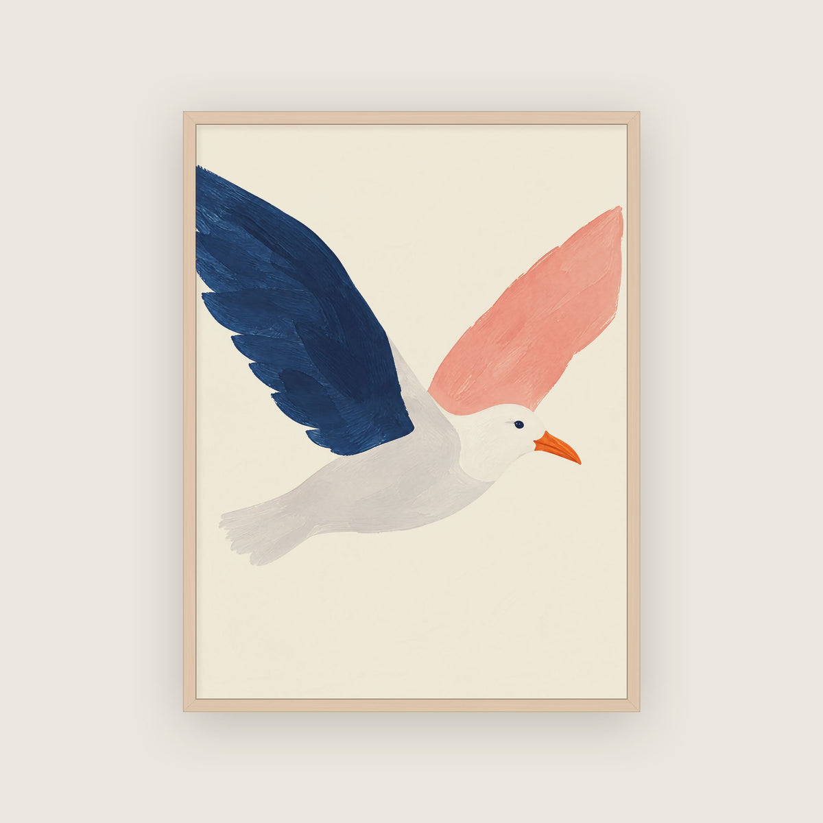 Affiche bord de mer minimaliste dans un cadre en chêne clair, mouette aux ailes bleue et rose