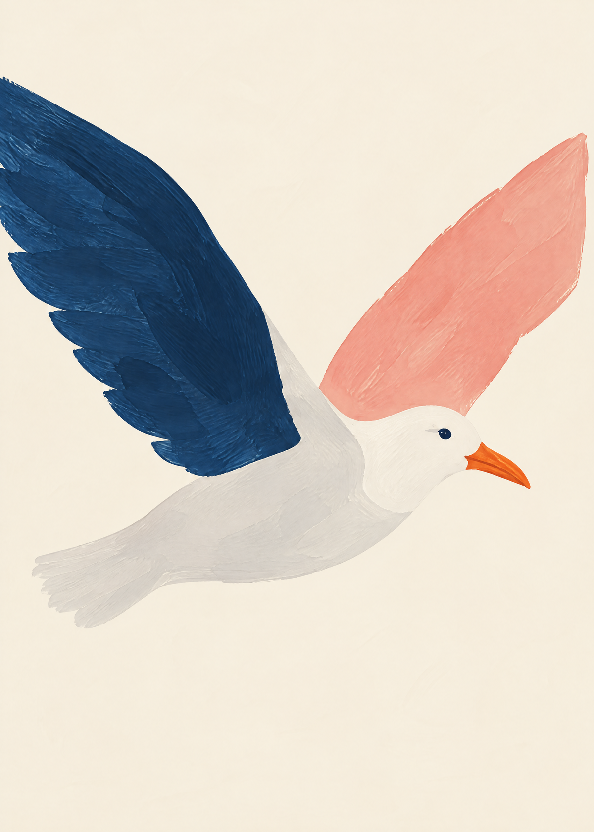 Affiche mouette en plein vol, une aile bleu marine et une aile rose saumon sur un fond crème uni