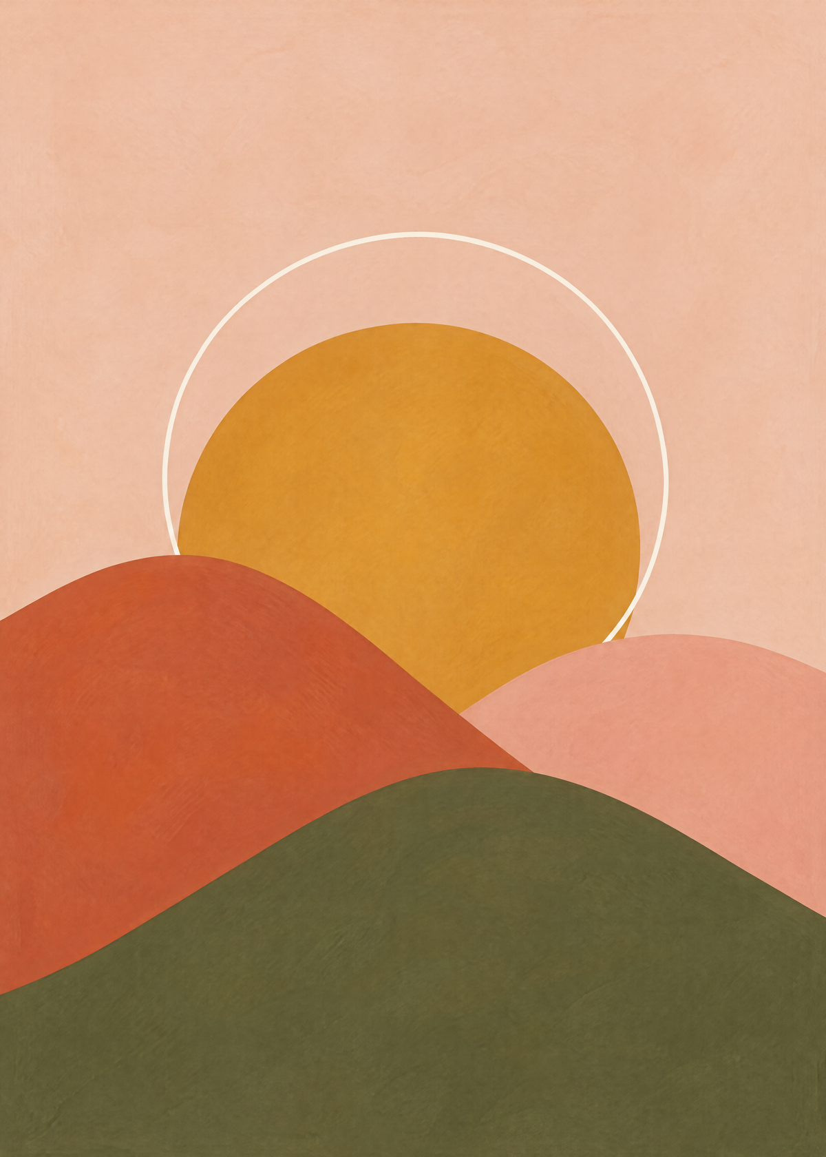 Affiche paysage, collines rouille, rose et vert olive sous un grand soleil ocre cerclé de blanc, ciel pêche