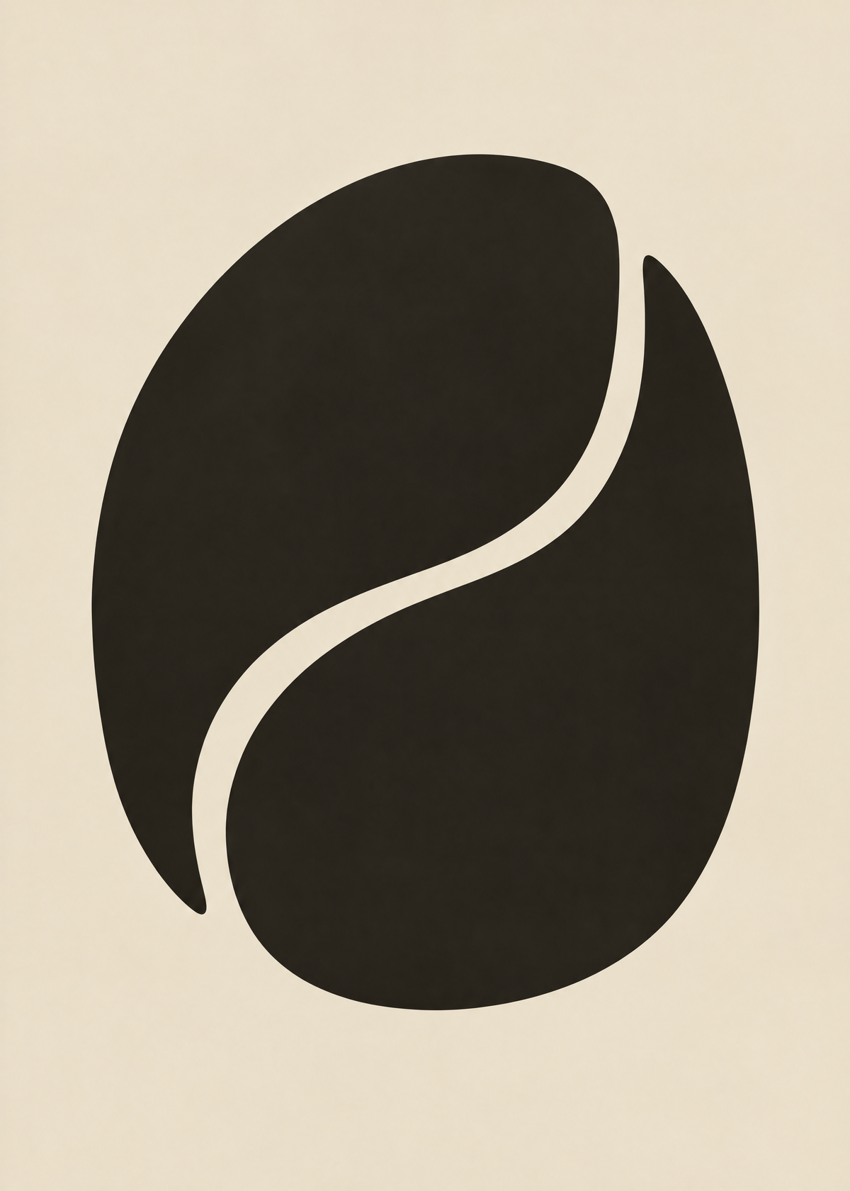 Affiche minimaliste, grande forme noire ovale traversée d'une courbe crème en S sur un fond crème