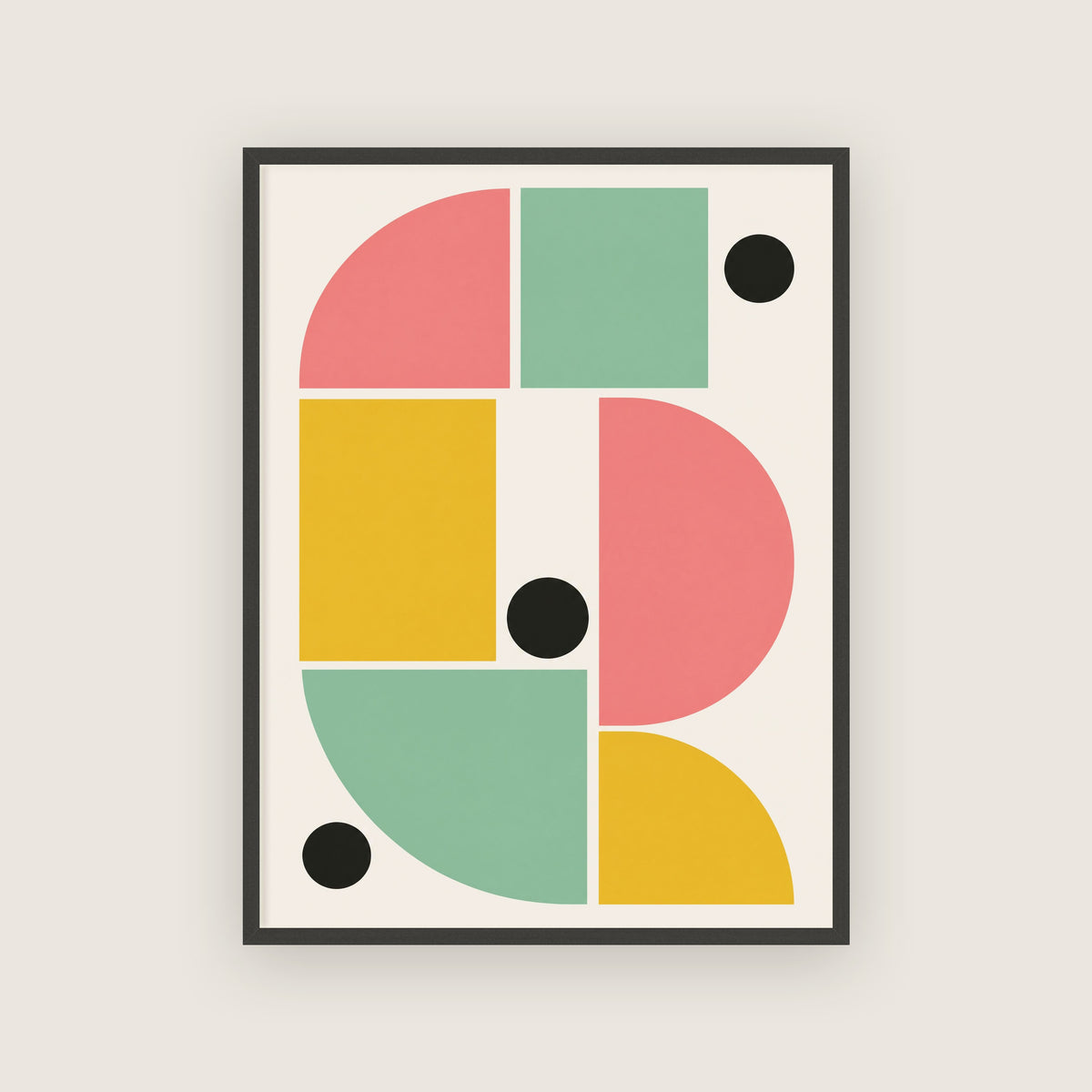 Affiche géométrique Bauhaus encadrée en noir, formes rose corail, vert sauge et jaune moutarde