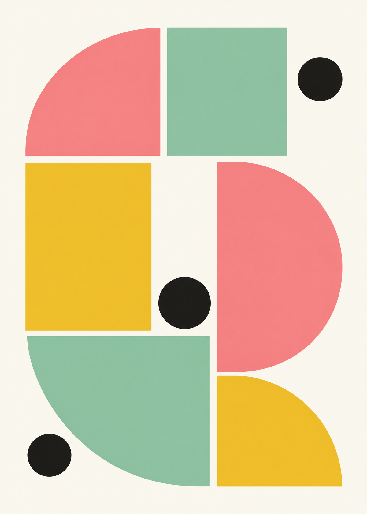 Affiche Bauhaus géométrique, quarts de cercle rose, vert sauge et jaune avec ronds noirs sur fond crème