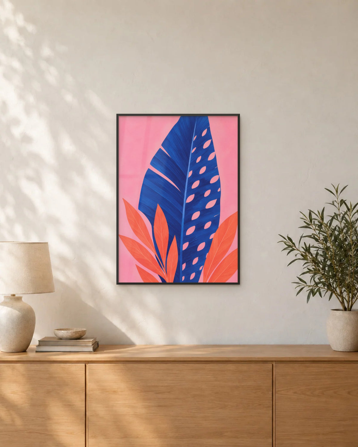 Mascaret – Affiche feuille tropicale bleu et rose