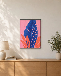 Mascaret – Affiche feuille tropicale bleu et rose