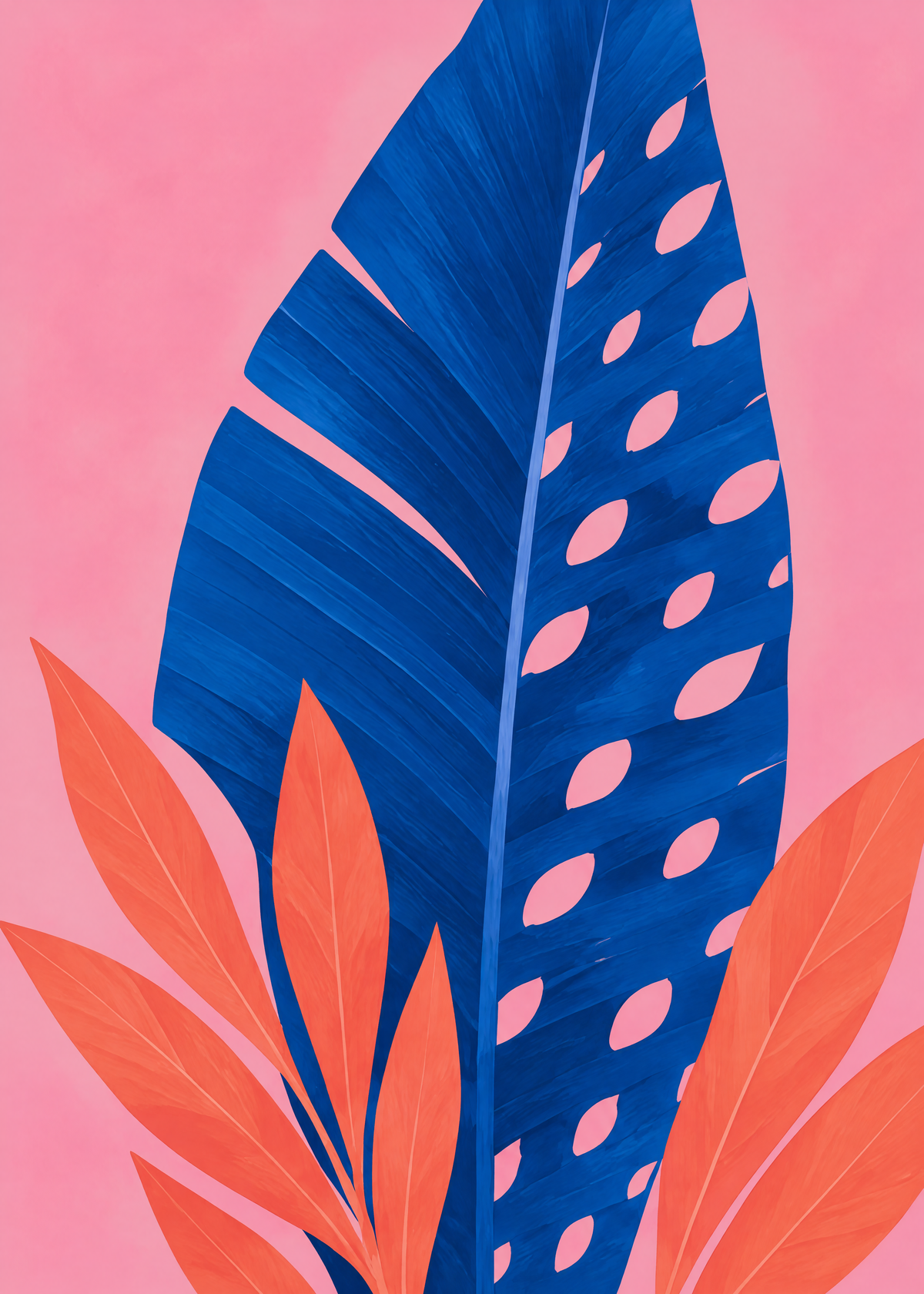Affiche tropicale, grande feuille bleu cobalt ajourée entourée de feuilles corail sur un fond rose vif