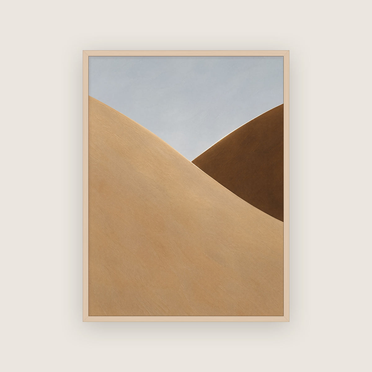 Affiche dunes minimaliste dans un cadre en chêne clair, beige sable, brun cuivré et bleu ciel