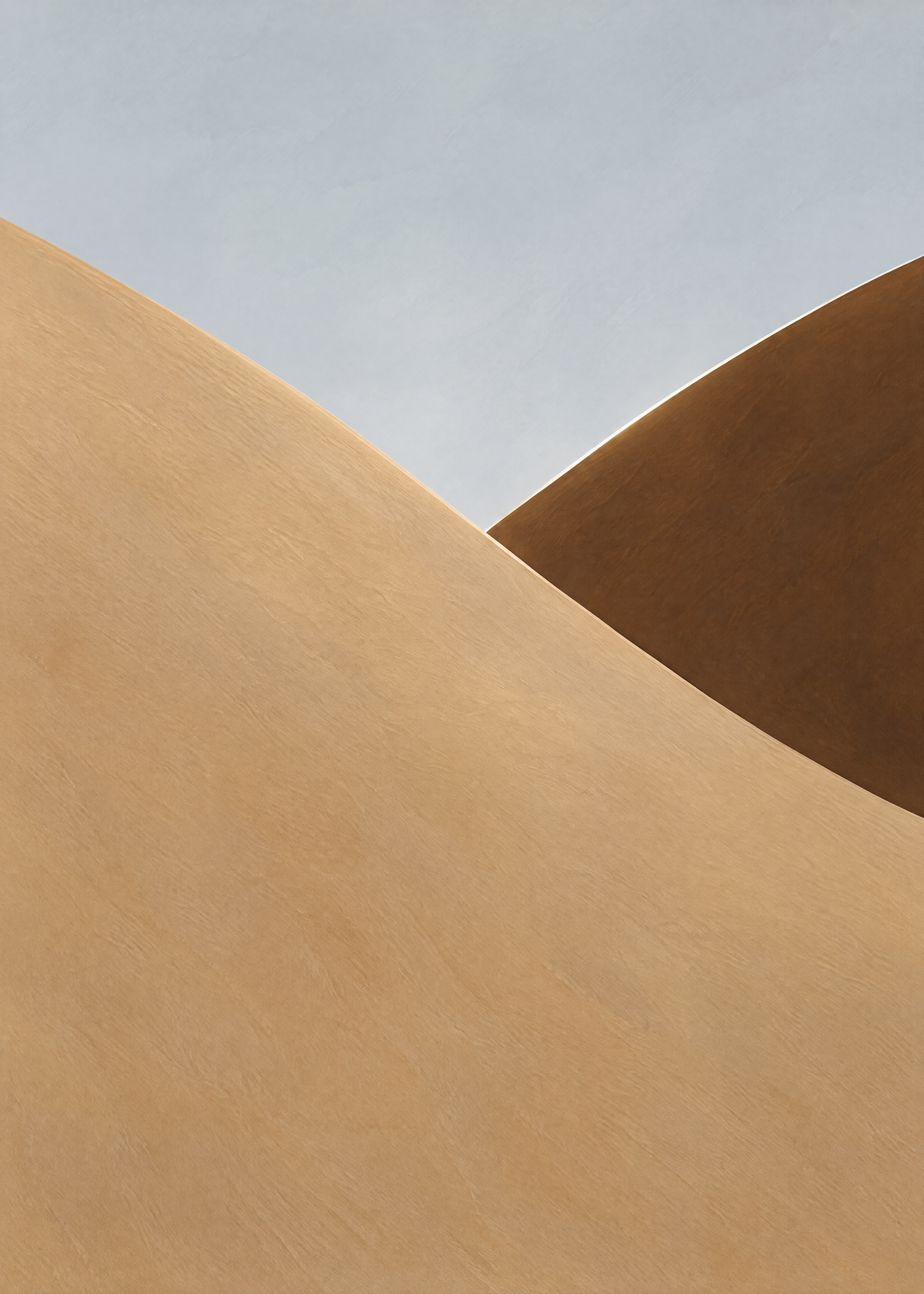 Affiche désert minimaliste, deux dunes sable et brun cuivré qui se croisent sous un ciel bleu gris