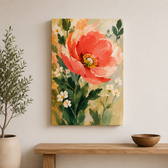 Pétales au soleil – Tableau botanique fleur corail
