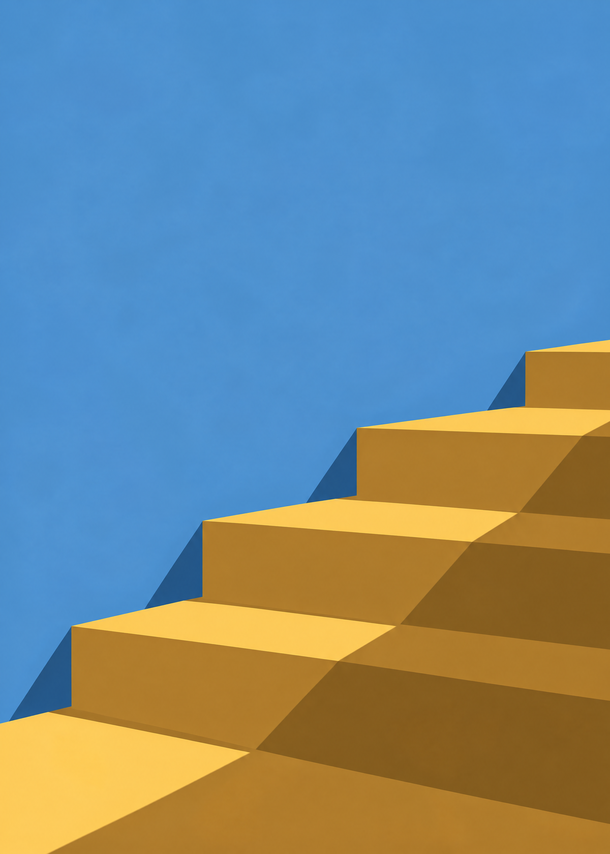 Affiche minimaliste, escalier jaune soleil aux ombres nettes qui monte vers un ciel bleu franc