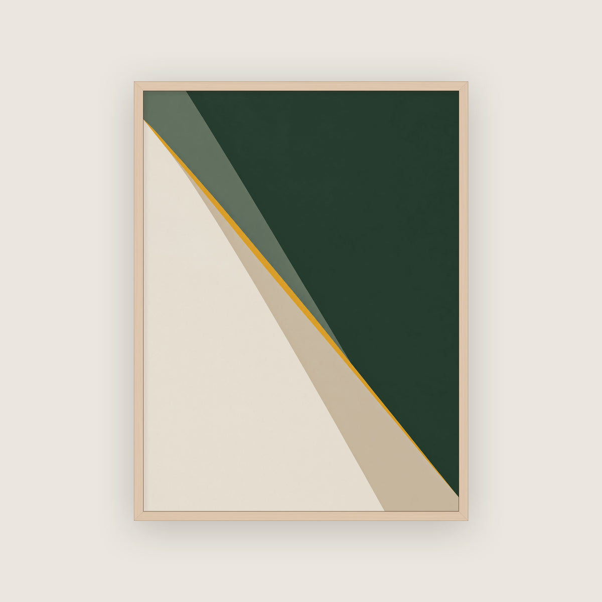 Affiche géométrique abstraite dans un cadre en chêne clair, pans vert foncé et beige crème